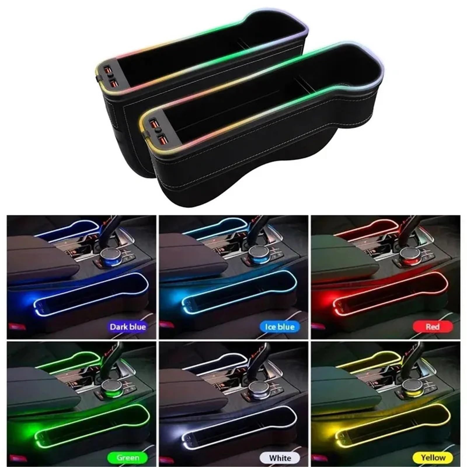 Organizer do schowków samochodowych z funkcją wypełniania przestrzeni między siedzeniami, zmieniający kolor, z diodami LED i 2 ładowarkami USB(1pcs Left Black)