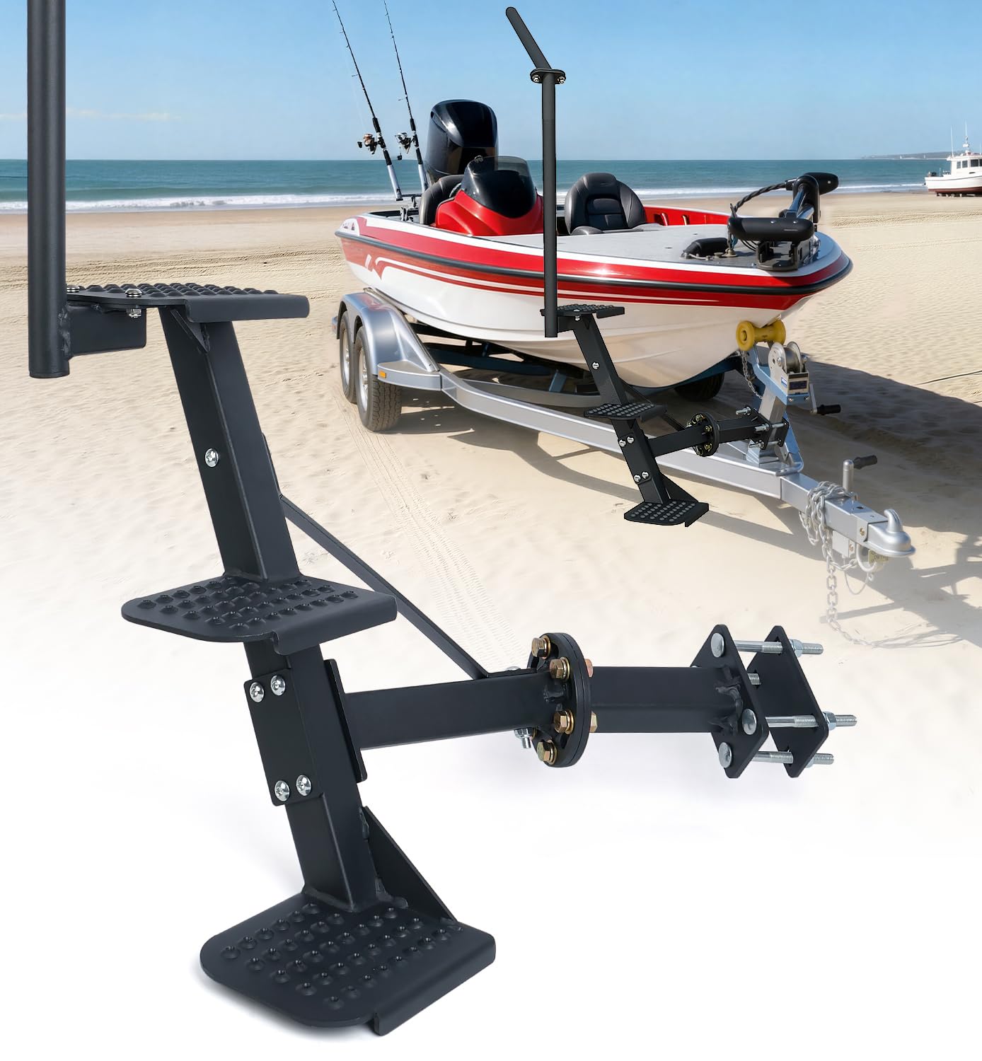 Heavy Duty Boat Trailer Steps with Handrail, Non-Slip Surface, Boat Trailer Winch Post Steps Compatible with Bass Boat,450Lbs Capacity