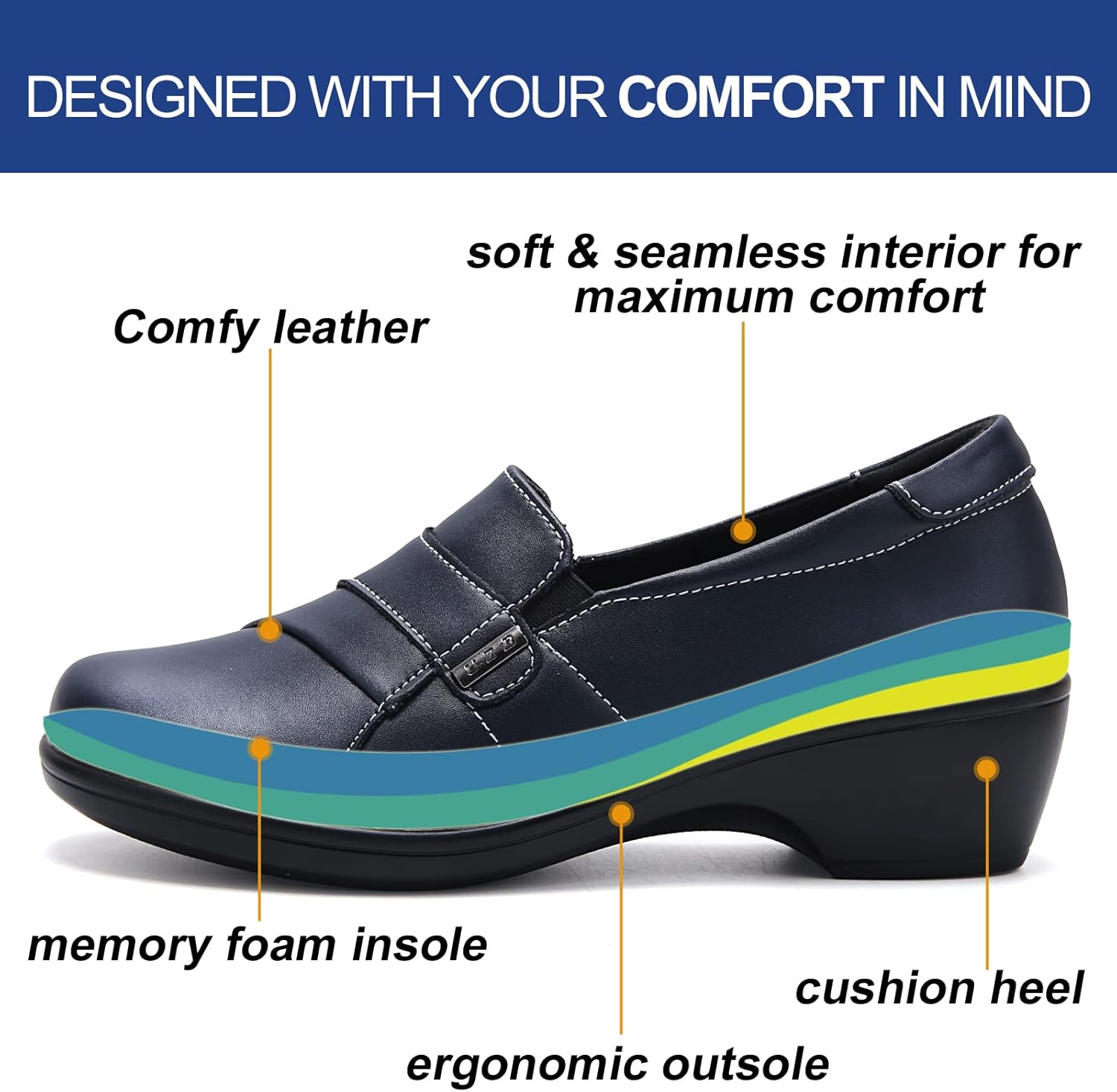 UZB 女性用ローファー ドレスシューズ ローヒール スリッポン シューズ カジュアル 仕事 オフィス ドレッシーシューズ, ネイビ