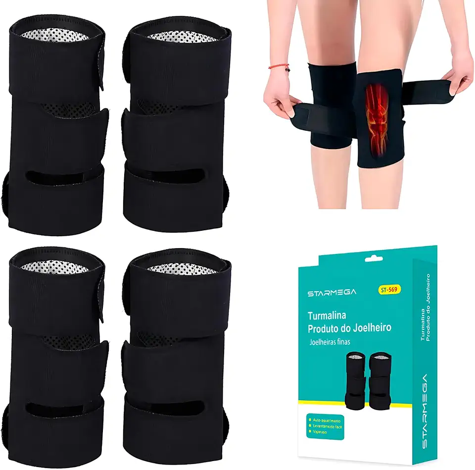 Joelheira Magnética com Turmalina – Auto Aquecimento, Alívio de Dores, Artrite, Artrose e Fadiga Muscular – Neoprene Ajustável (2 Unidades)
