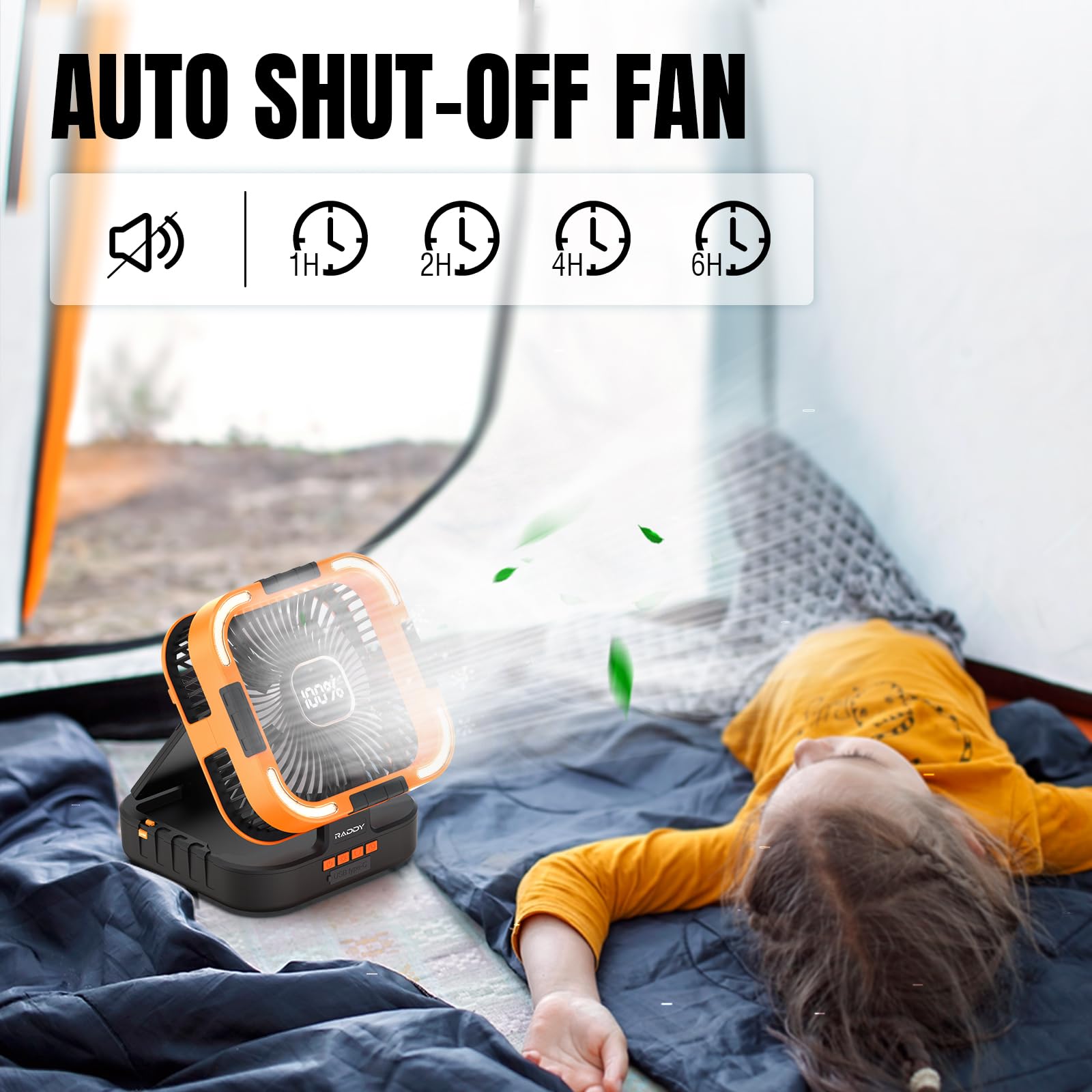 Raddy CF3 Ventilatore da campeggio ricaricabile 20.000 mAh, portatile, batteria integrata, pannello solare 3 W, USB, luce LED, 6 velocità, oscillazione 90°, tenda, BBQ, outdoor & emergenze, arancione