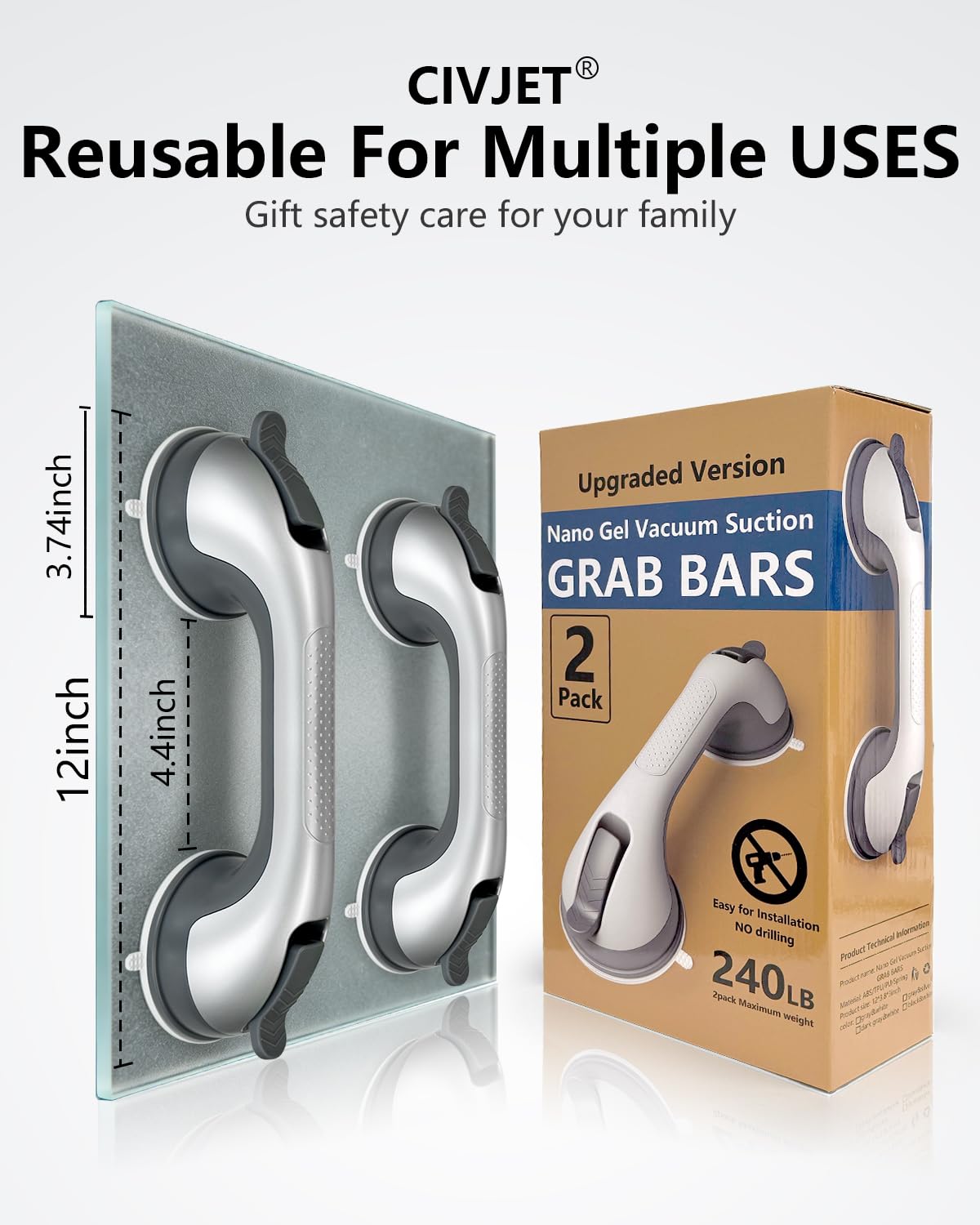 The 5 Best Grab Bars for Bathroom Safety in 2026 2 CIVJET 2 Pack Suction Cup Shower Grab Bars for Seniors, Heavy Duty Removable Sho — product photo