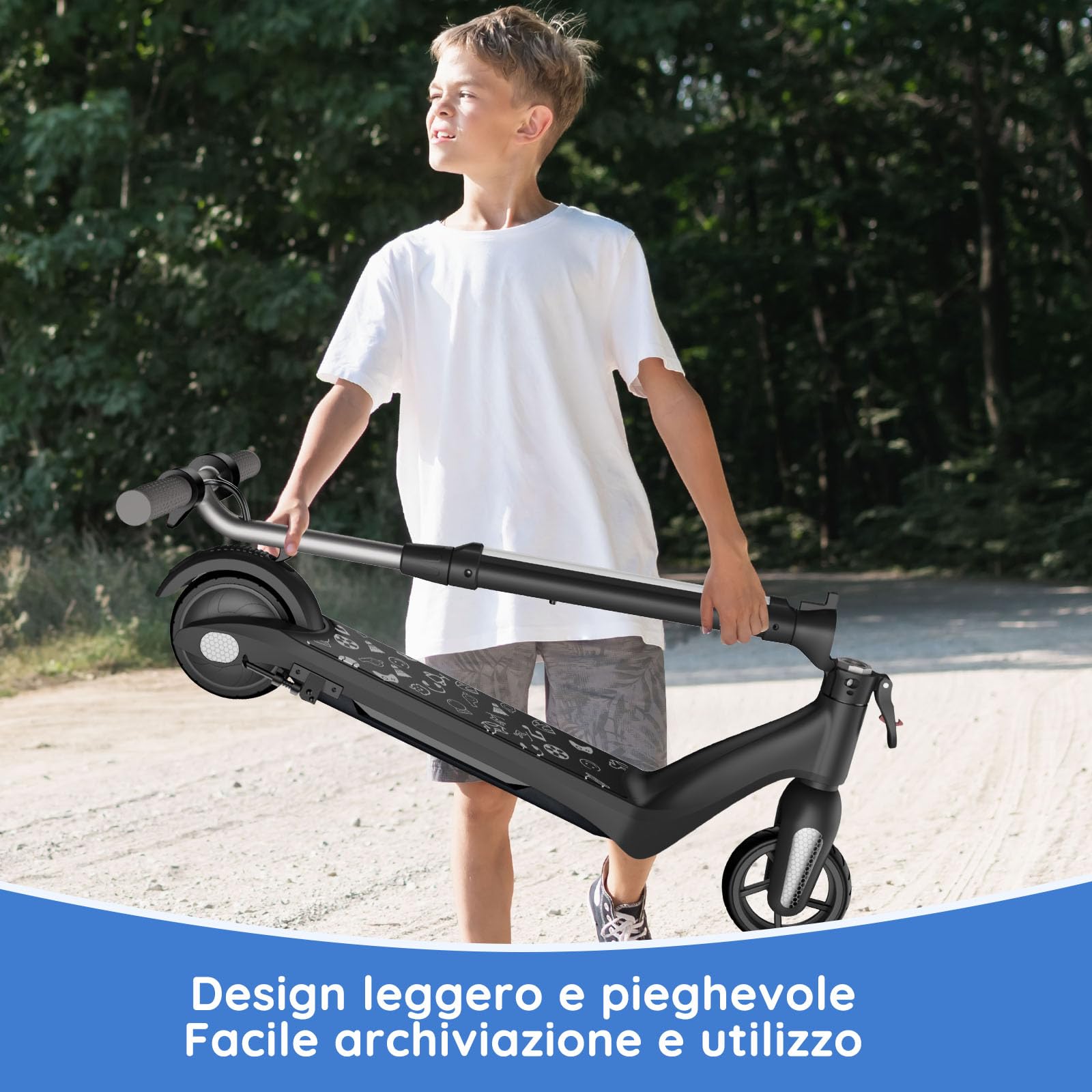 Monopattino elettrico per bambini 6-12 anni, motore 80W, autonomia 8 km, capacità 50 kg, pieghevole con display LED e luci arcobaleno, velocità regolabili, regalo per bambini