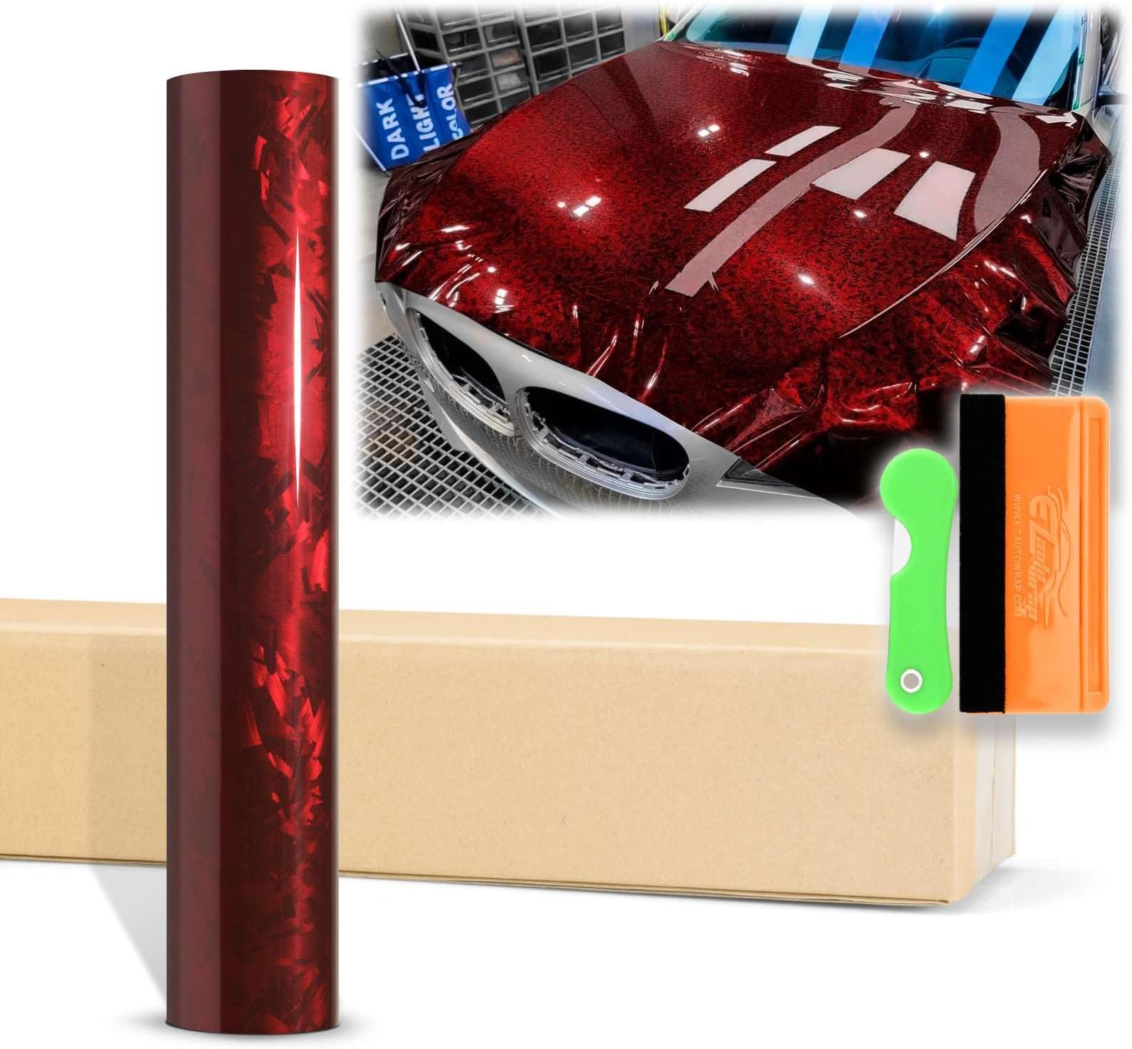 12"x60" (1FTx5FT) Gloss Dark Red 24K Chopped Forged Carbon Fiber Textured Vinyl Wrap Auto Car Sticker Decal Sticker Film Sheet Bubble Free Air Release Technology with Tool Kit