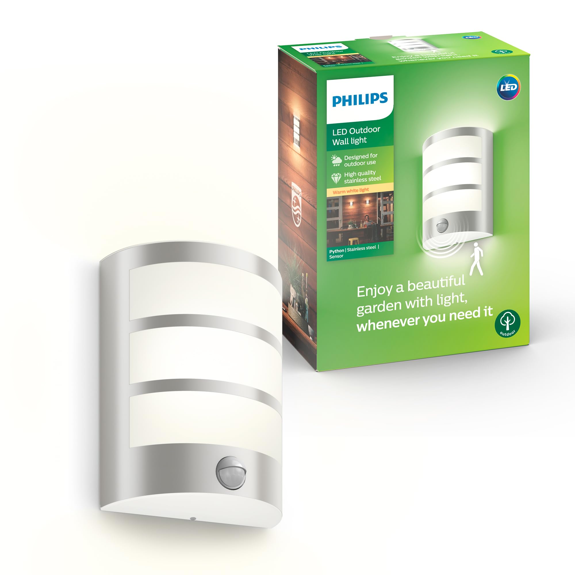 PHILIPS Python Applique Extérieure LED, 5,5 W, 700 lm, Lumière Blanche Chaude 2700 K, IP44 Résiste aux Intempéries, Détecteur de Mouvement Infrarouge, LED Intégrée, Durable, Aluminium