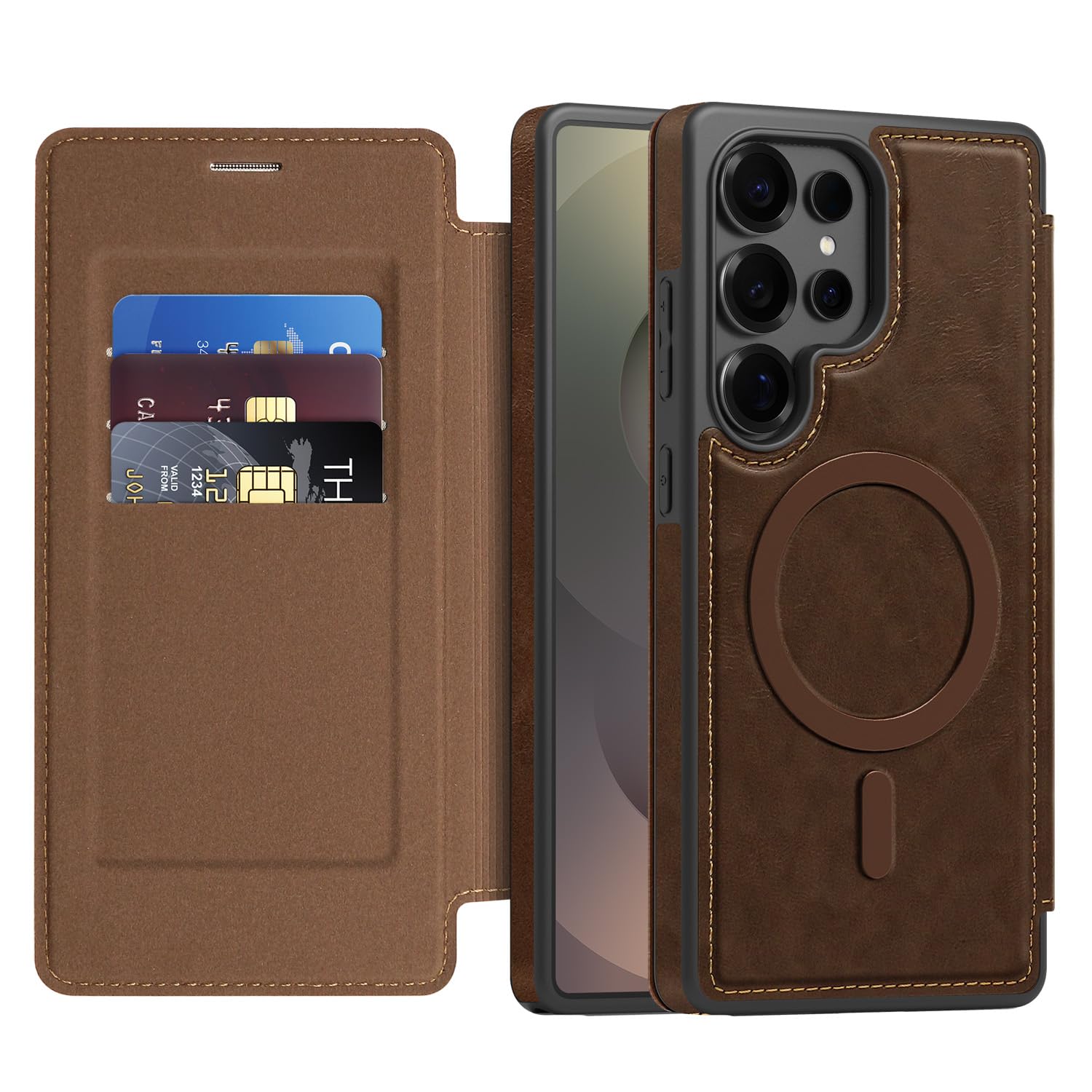 Magnetic Case for Samsung Galaxy S26 Ultra Compatible with MagSafe, Premium Flip Leather Card Slots with RFID Blocking Shockproof Protective Cover for Galaxy S26 Ultra. Coffee Brown LDX