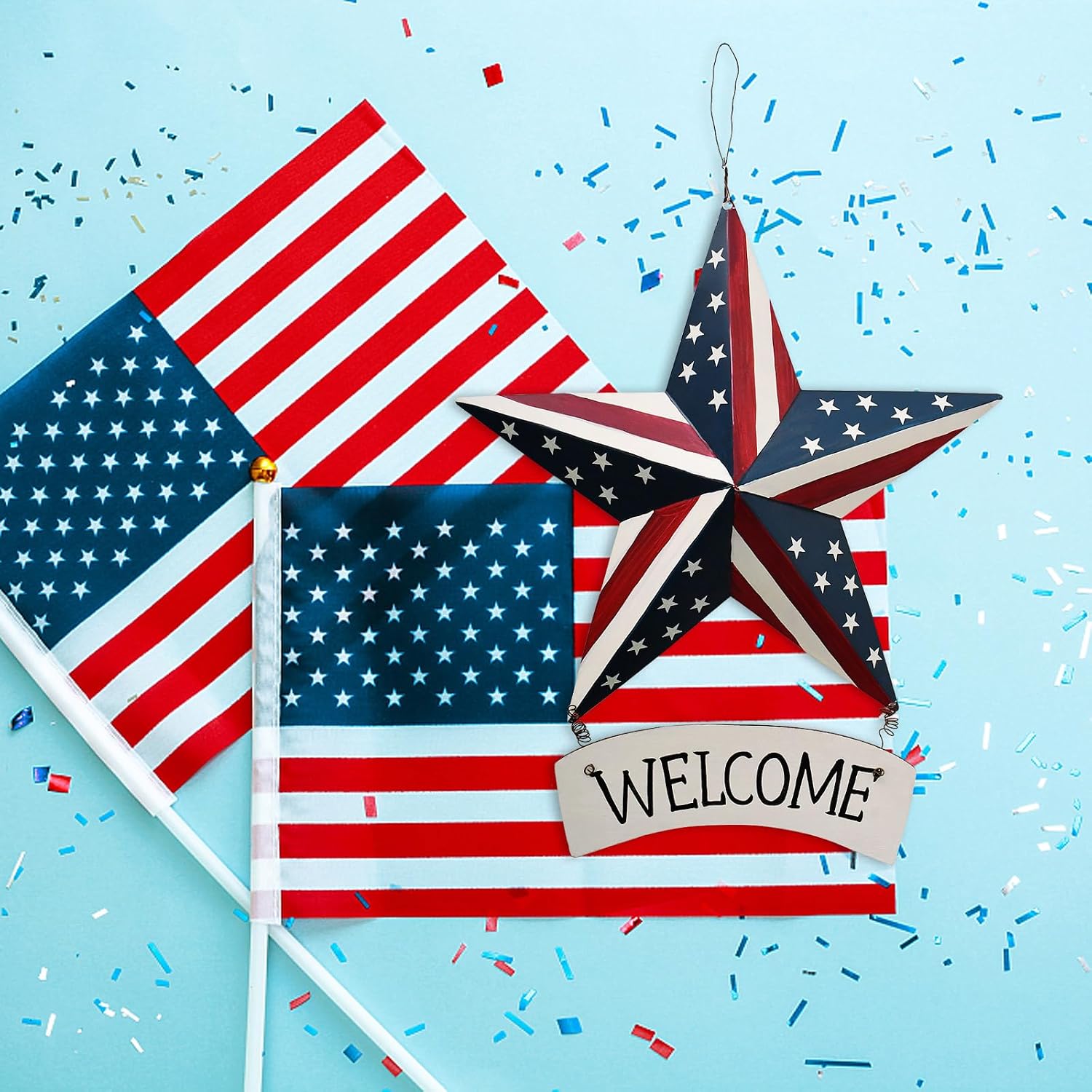 Metal Barn Star Welcome Sign Patriotic Decor Hanging American Flag Plaque Wall Art USA Porch Window Ornament Front Door Wreath Decoration for July 4th Independence Day Memorial Day Party (D)