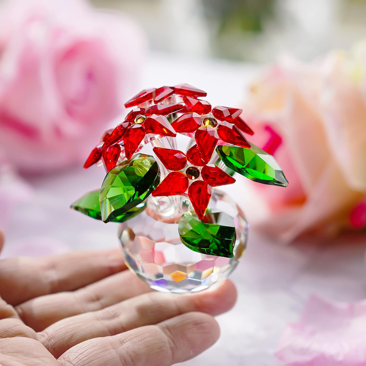 H&D HYALINE & DORA Crystal Poinsettia Figurines Ornament Home Decoration Collection (Red 6pcs Flower) - Image 4