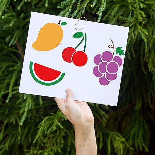 Miniatura 5 de MAYJOYDIY 10 plantillas de frutas de 6 x 6 pulgadas, mango, limón, pera, uva, cereza, sandía, plátano, piña, fresa, plantilla de pintura con pincel
