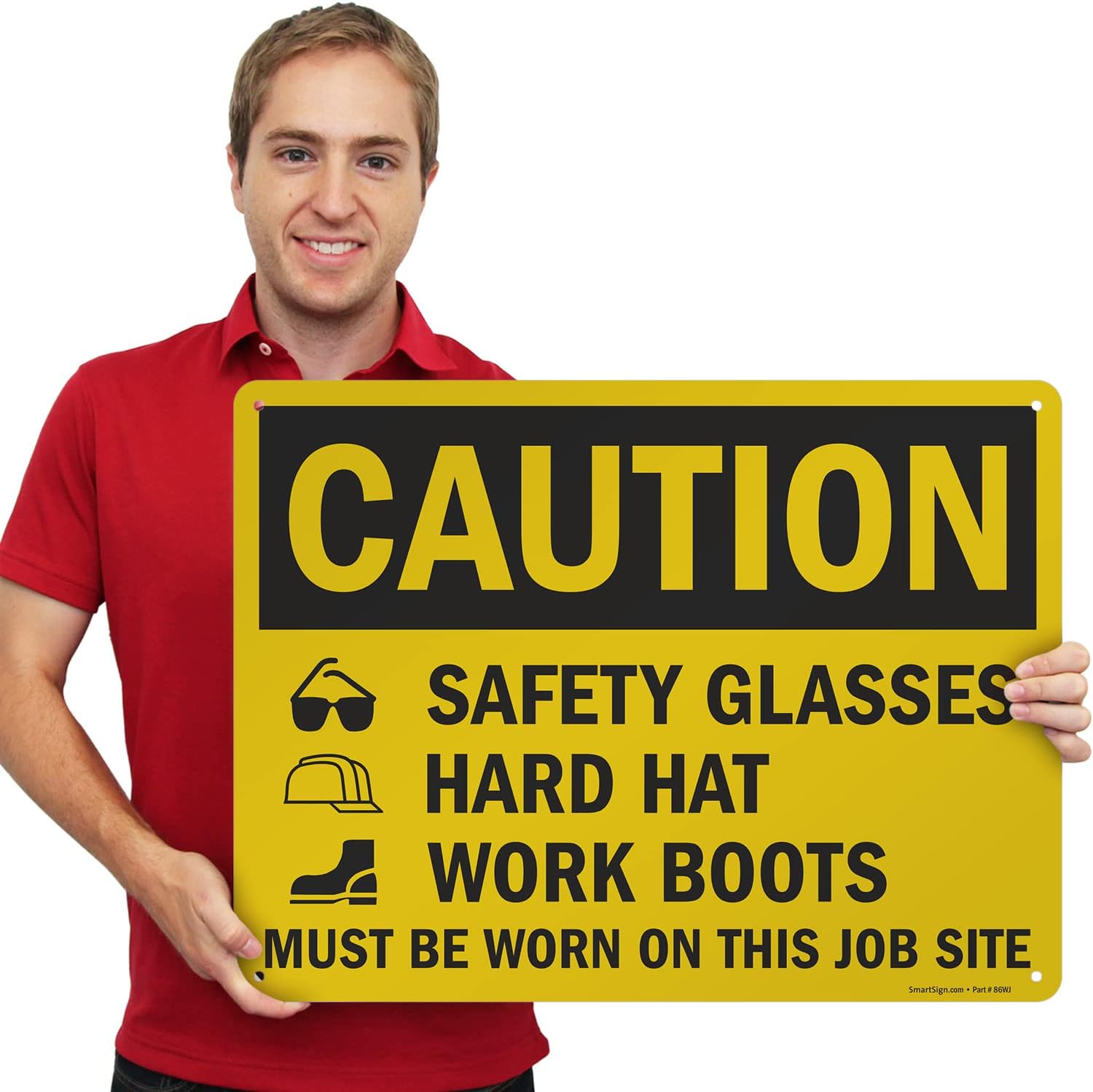 SmartSign "Caution - Safety Glasses, Hard Hat, Work Boots Must Be Required" Sign | 18" x 24" Aluminum