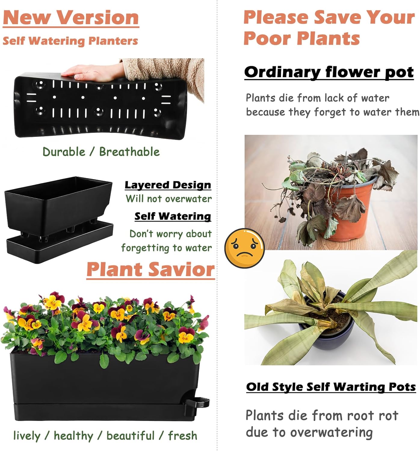 Self Watering Pots for Indoor Plants 17 Inches Window Boxes Planters Rectangular Flower Pots Rectangle Herb Pots Large Plant Pots with Drainage Holes and Saucers Windowsill Planter (4, Black)