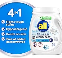 Vista 2 de All Mighty Pacs Detergente para Ropa, Sin Fragancia Sin Colorantes para Piel Sensible, Envase, 60