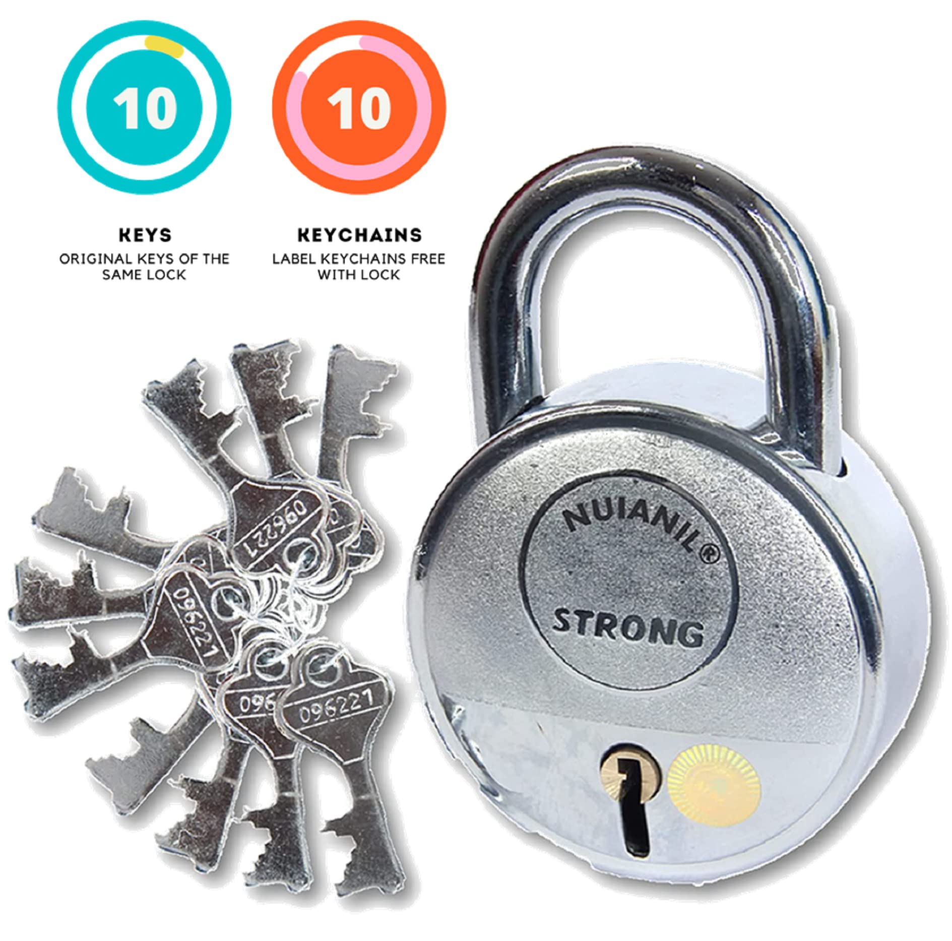 Steel keyed Padlock with 10 Original Keys “Pack of 1 with 10 Keychains”,Silver — Amazon image 3