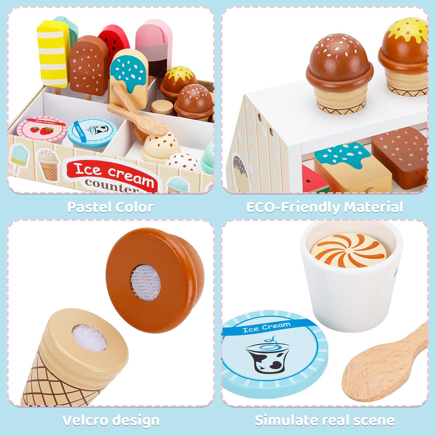 ZJEFUNS Wooden Ice Cream Toys for Kids Ice Cream Counter Shop for Toddlers Pretend Play Food Scoop and Serve with Scoop & Menu & Fake Money for Boys and Girls Ages 3 4 5 6 (Beige)