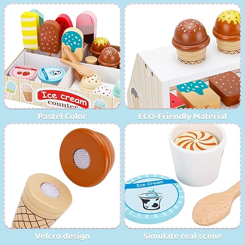 Miniatura 4 de Juguetes de helado de madera para niños, tienda de mostrador de helados, tienda para niños pequeños, juego de simulación, cuchara y servir con