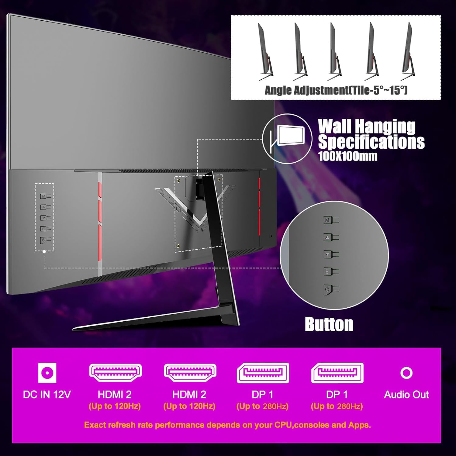 CRUA 27 Inch 280Hz Curved Gaming Monitor, Full HD 1080P 1800R Frameless Computer Monitor, 1ms GTG with FreeSync, Low Motion Blur, Eye Care, VESA, DisplayPort, HDMI, Black — view 8