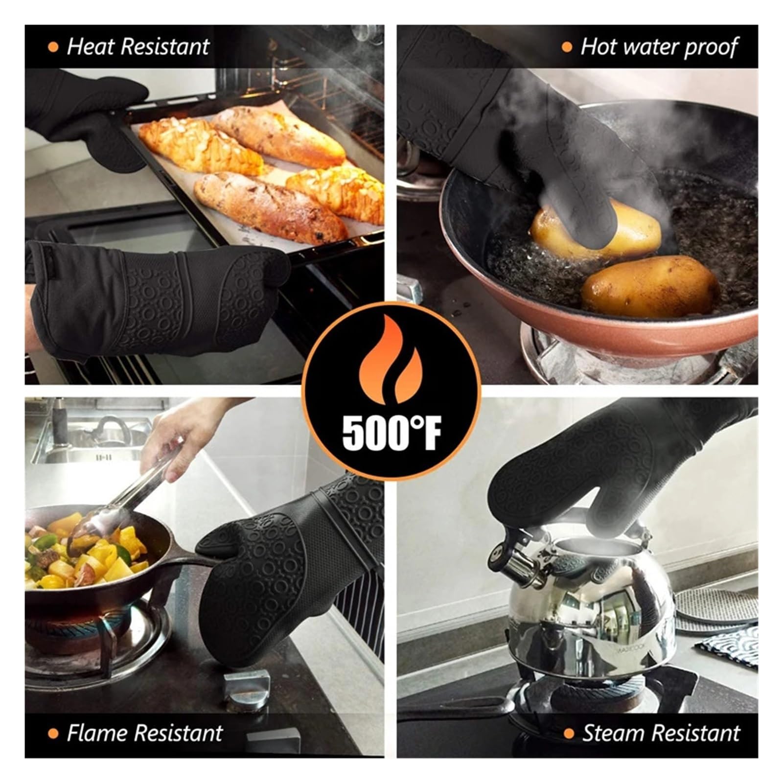Guanti Forno Set di 6 presine e guanti da forno extra lunghi in silicone resistente al calore, cucina
