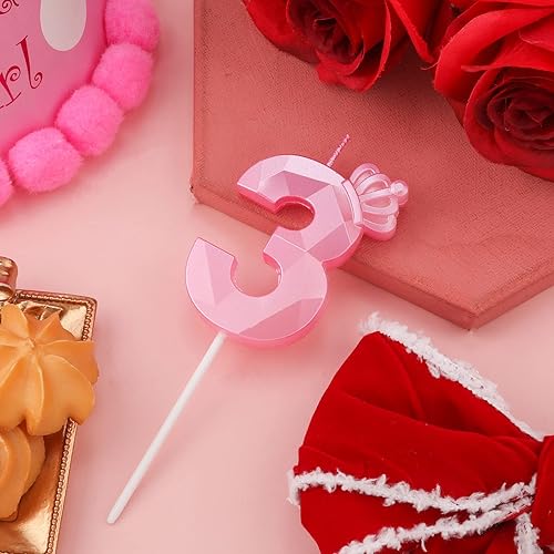 Miniatura 4 de Vela con números, vela de cumpleaños de 2.95 pulgadas, vela de pastel 3D, corona rosa, velas de cumpleaños para niñas, decoración para fiesta de