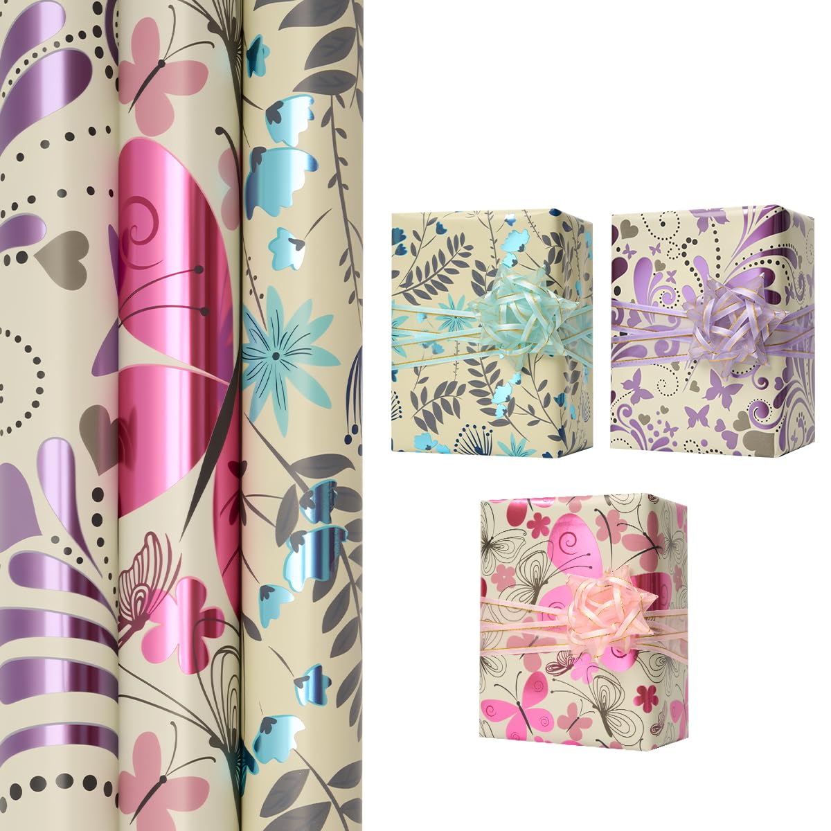 3 Rolls 43cm x 3M Birthday Gift Wrapping Paper Roll: Featuring Floral and Butterfly Patterns Recyclable Wrapping Paper for Birthday, Party Gift Decoration