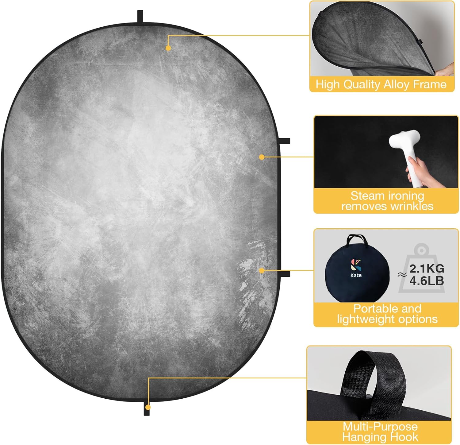 Kate 5x6.5ft(1.5x2m) Collapsible Backdrop Folded Microfiber Professional Grey and Black Double-Sided Pop up Collapsible Background for Photography