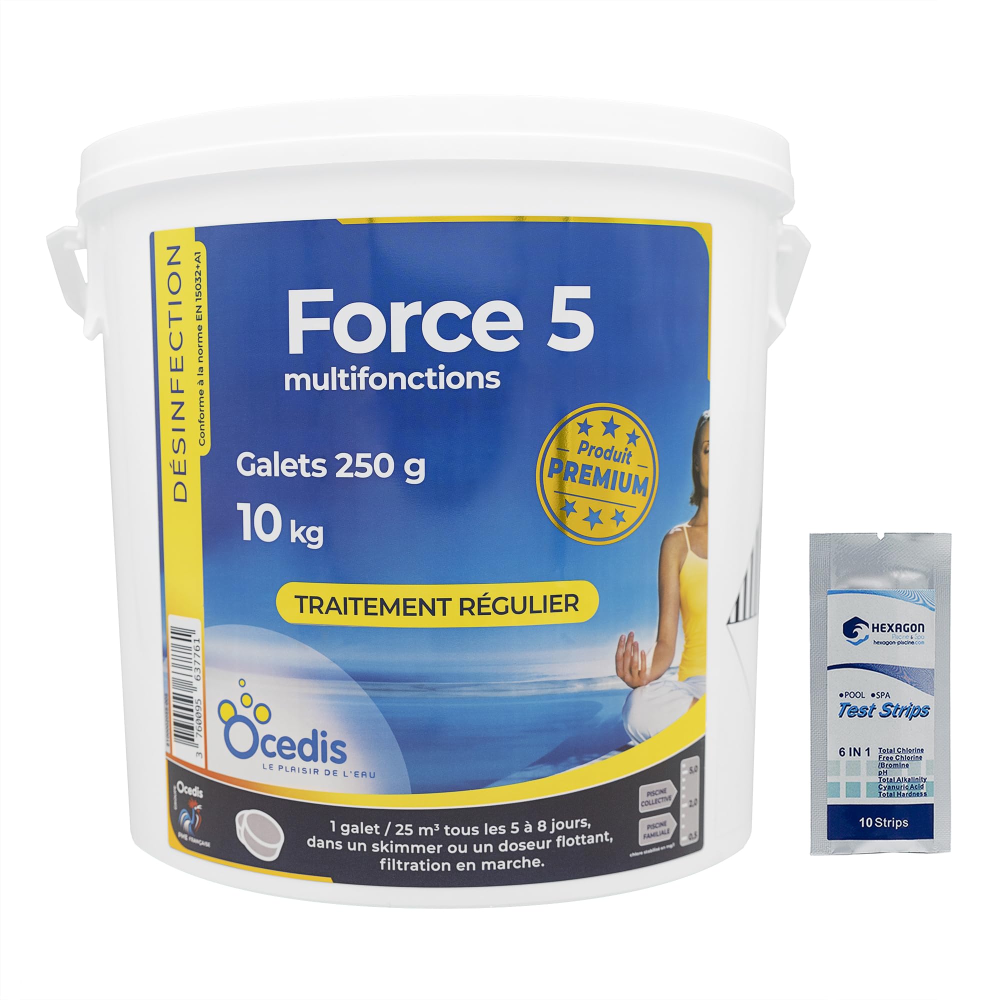 OCEDIS Force 5-250 Multifonctions Galets 250g - 10kg | Chlore Lent Stabilisé Multiaction - Non Comburant - Désinfection Régulière Multifonction - Dissolution Lente + 10 Tests HPS OFFERTS 6 en 1