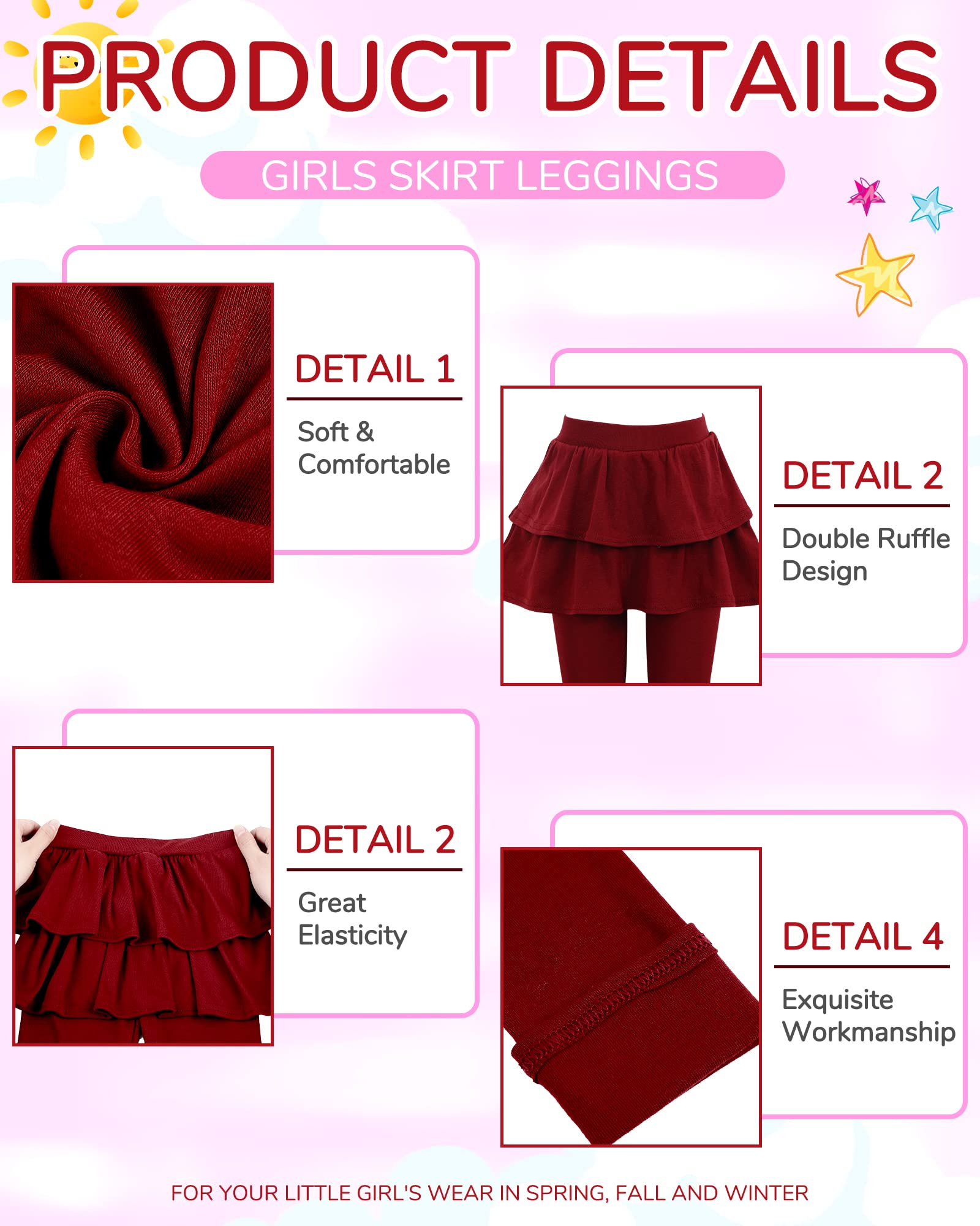 Taiyin Confezione da 5 leggings in cotone con volant, tutù, leggings senza piedi, con gonna, uniforme scolastica, per ragazze, autunno inverno