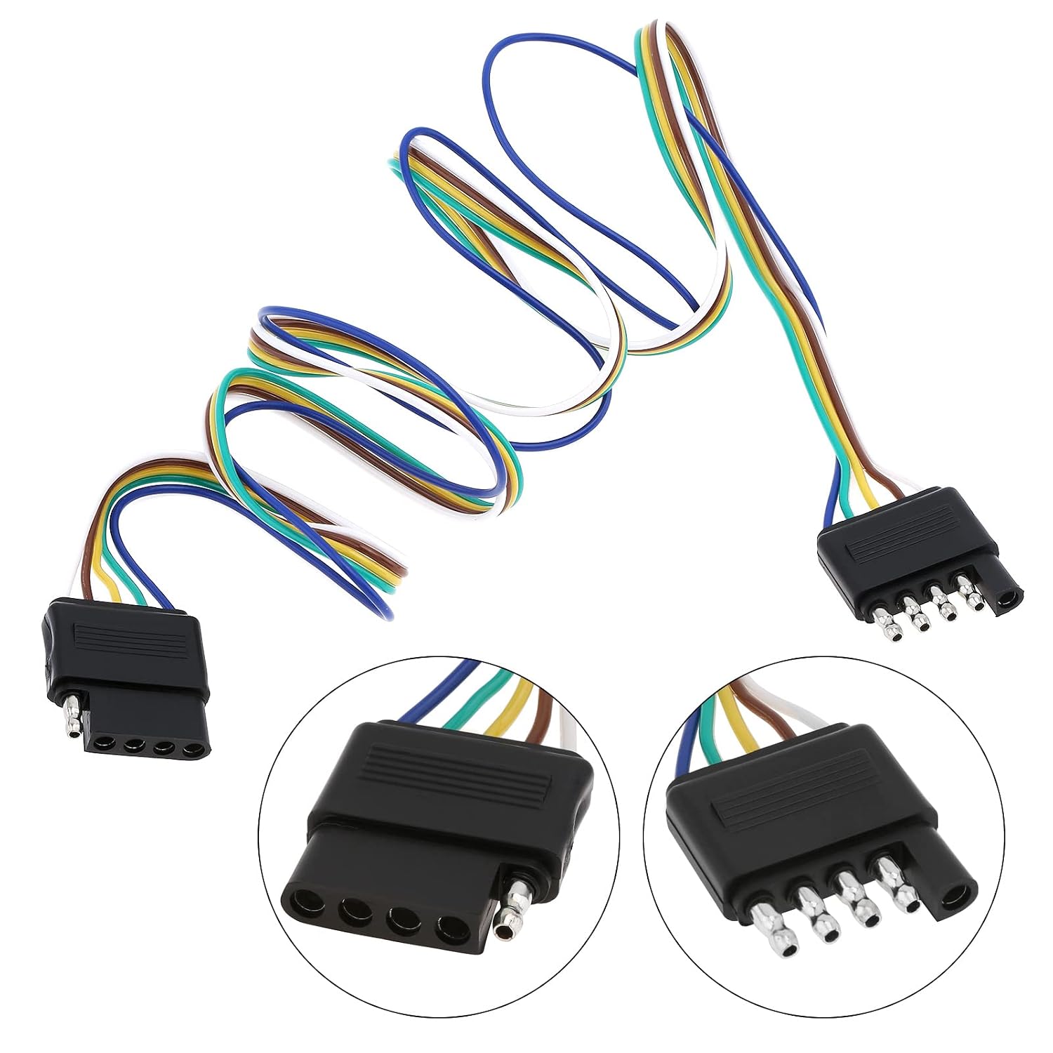 5 Way Flat Trailer Wire Extension 48 inch, 18 Gauge 5 Way Flat Plug Socket Double Ended Tail Light Signal Connection Car Extension Harness for Commercial Vehicle Semi-Trailer Trailer
