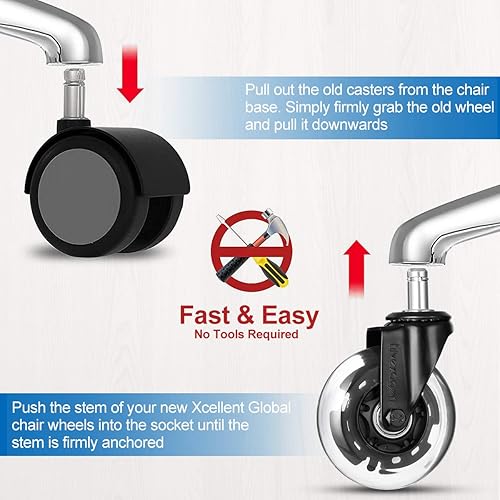 Miniatura 5 de Juego de 5 ruedas para silla de oficina con luces RGB que cambian de color, juego de 5 ruedas de repuesto de goma, ruedas universales silenciosas