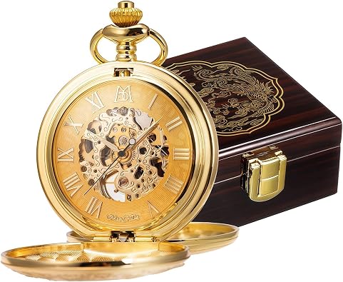 ManChDa Mechanical Roman Numerals Dial Skeleton Pocket Watches with Luxury Wooden Box and Chains for Mens Women