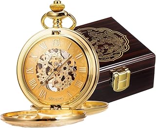 Retro Mens Black Blue Double Open Skeleton Mechanical Roman Numerals Pocket Watch with Chain Gift
