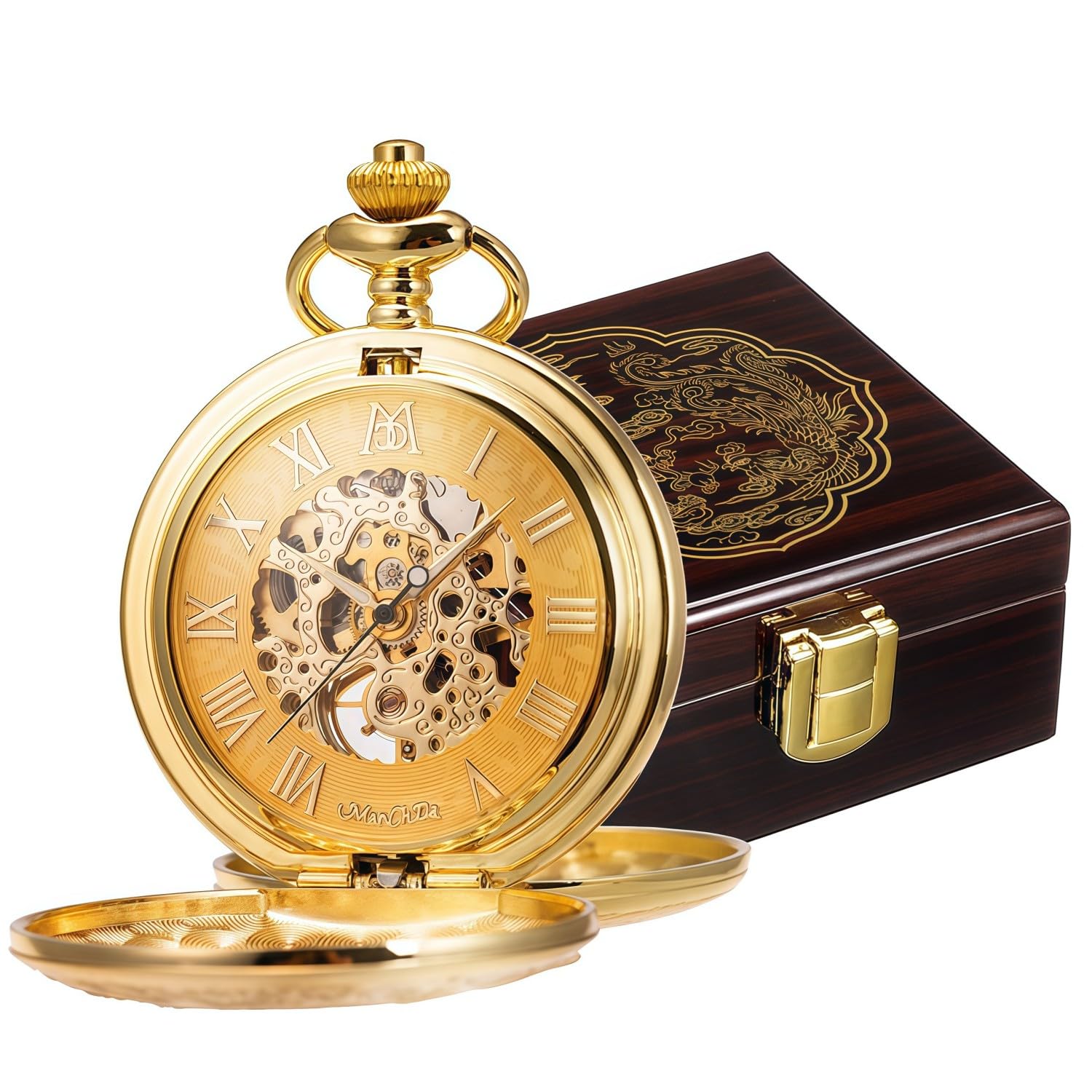 Mechanical Roman Numerals Dial Skeleton Pocket Watches with Gift Box and Chains for Mens Women-image-16