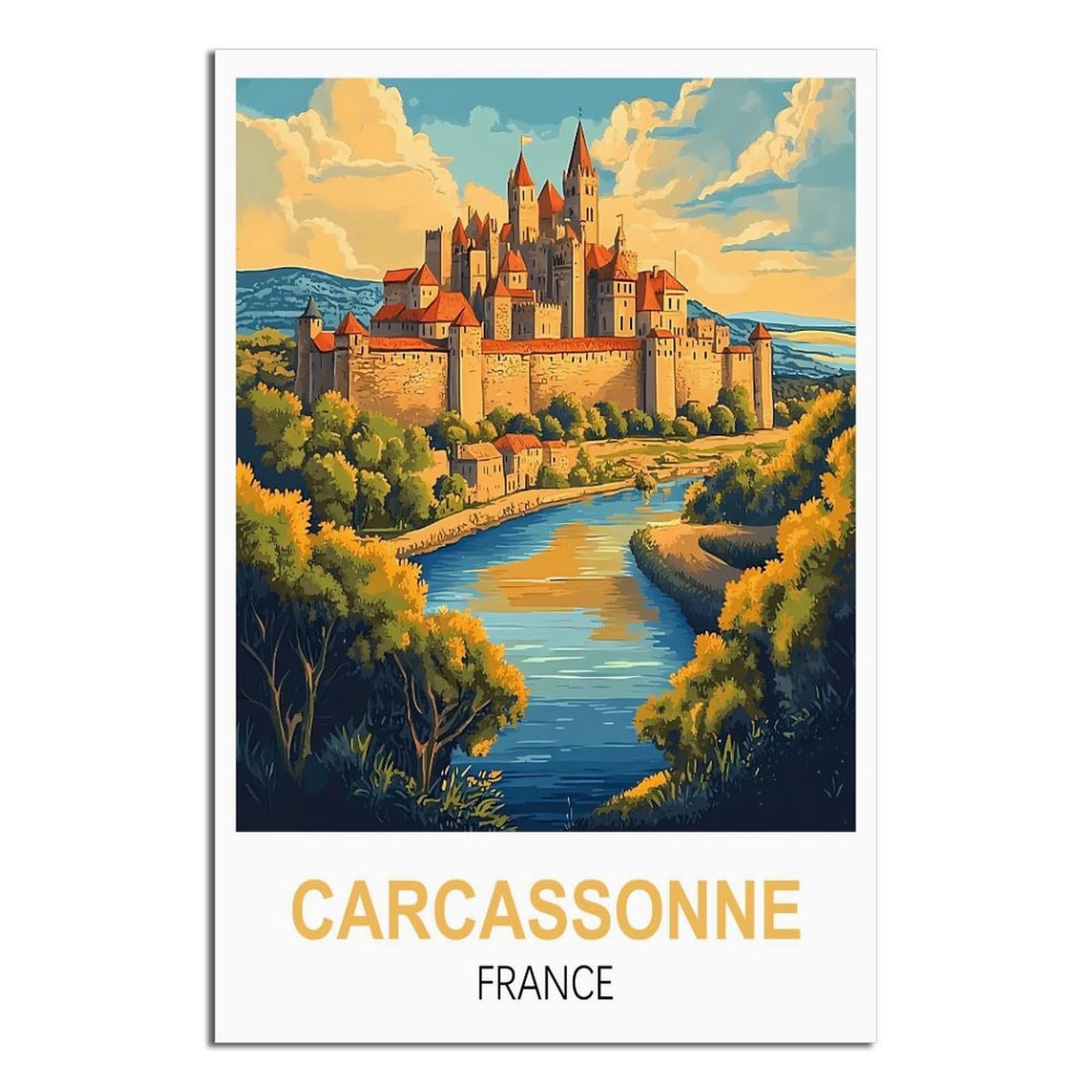 iPuzou Carcassonne France Vintage Travel Poster 08x12inch(20x30cm) Canvas Wall Decor, Wall Art Posters Prints Paintings Pictures for Living Room