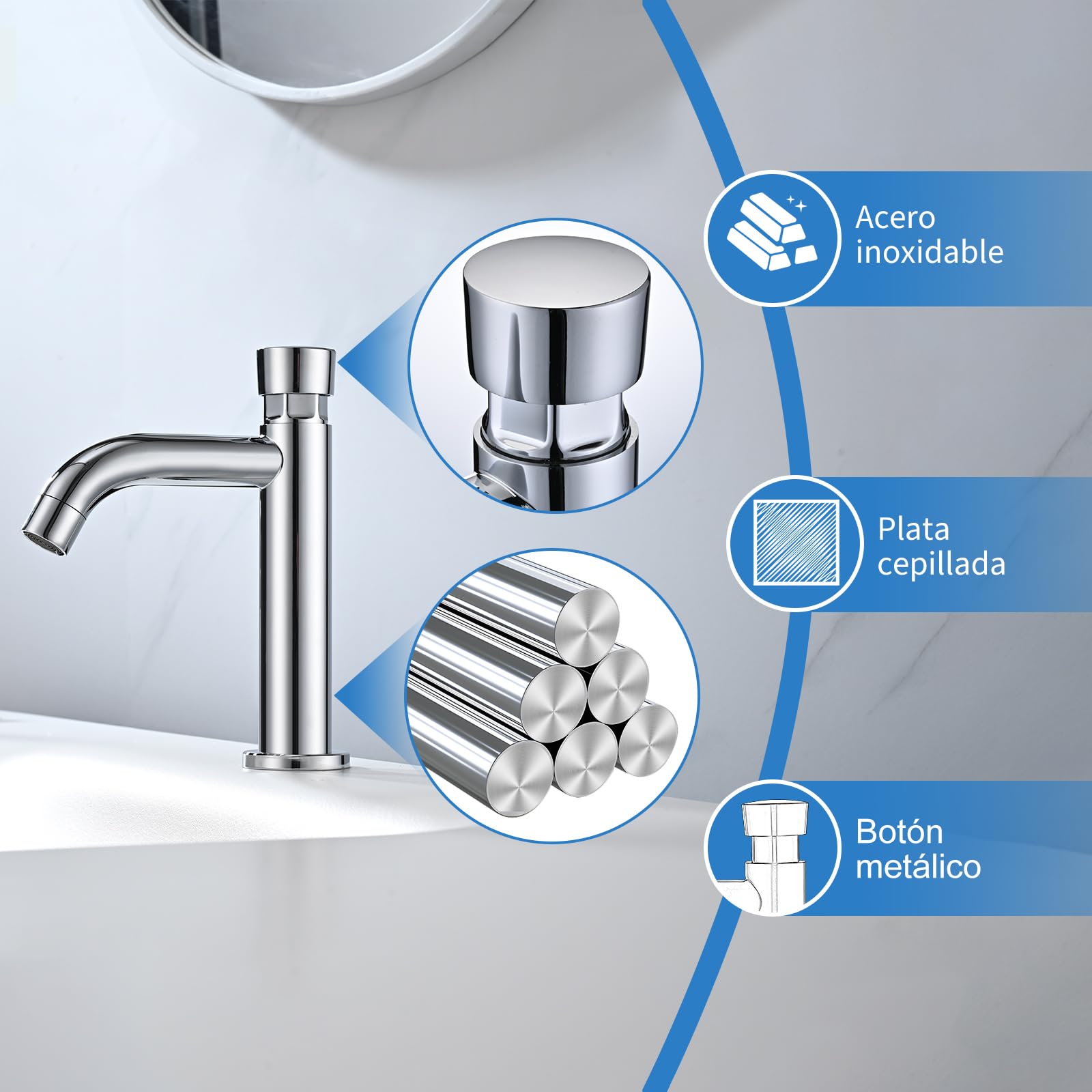 Grifo de Lavabo Solo Agua Fría, BuntHaus Grifo Pulsador Temporizador Con Cierre Automático, Grifo de Baño Cromada Acero Inoxidable