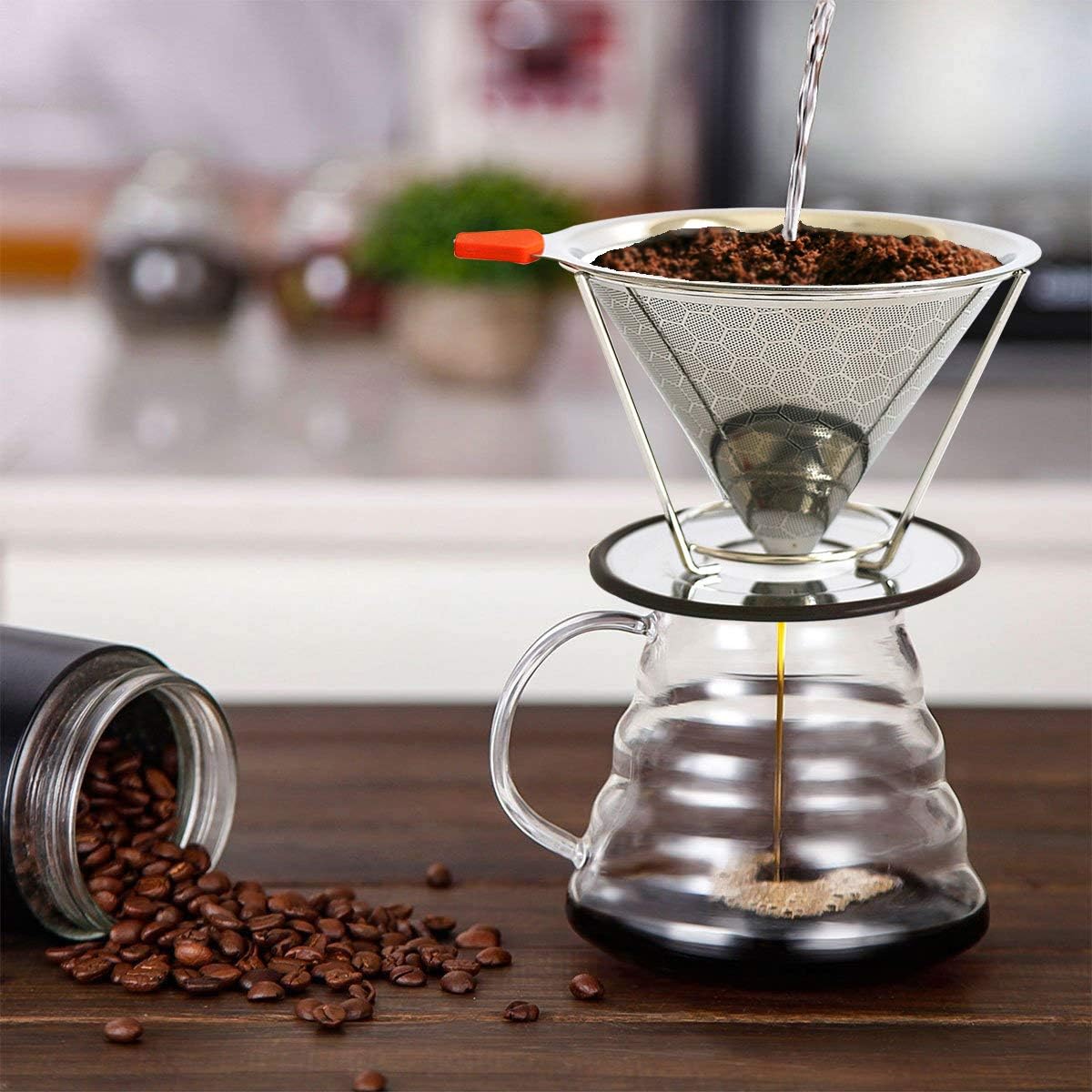 Reusable Filters Stainless Steel Filters Coffee Filter Cone Stainless Steel Coffee Filter With Cup Stand and Brush (Gold): Home & Kitchen