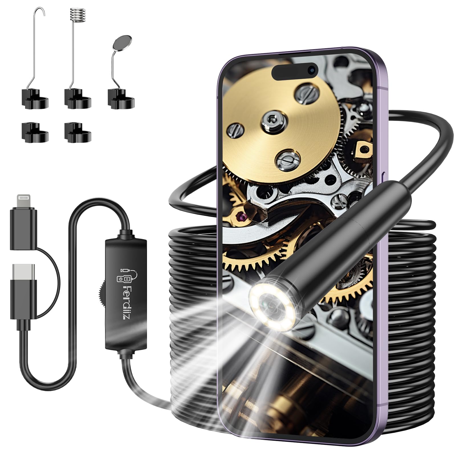 Endoscope Inspection Camera, Ferdiiz 1920P HD Borescope Camera, 16.4ft Semi-Rigid Snake Endoscope with 8 Adjustable LED Lights, IP67 Waterproof Drain Pipe Borescope Gadgets Tool for iOS9+ Android 6+ — view 12