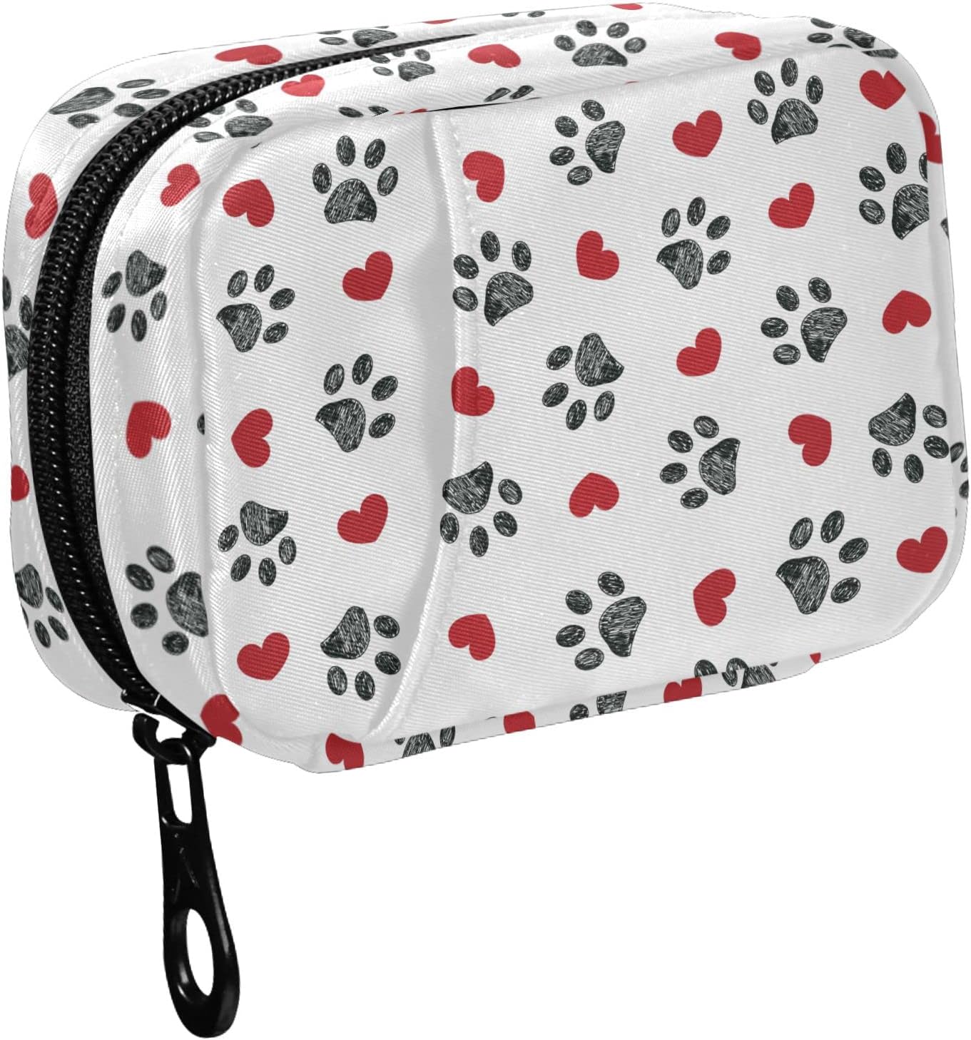 Fustylead Paw Print with Red Hearts Travel Pill Organizer Case Zipper for Purse with Removable Weekly Pill Box for Medicine, Vitamin, Supplement Medicine Organizer