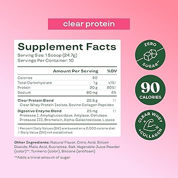 Bloom Clear Protein, Whey Protein Isolate with Collagen Peptides and Digestive Enzymes, 20g Protein, Sugar Free Post Workout Drink Mix, 90 Calories, Strawberry Watermelon, 10 Servings