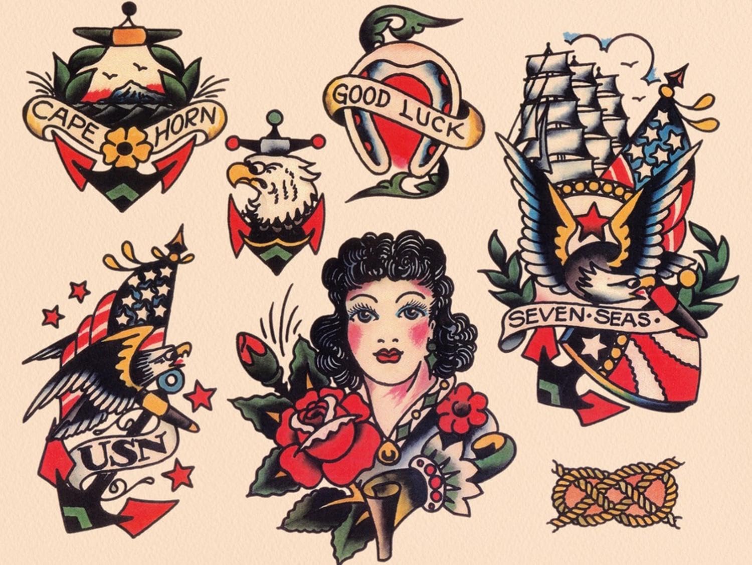 Wall Art Print Seven Seas Authentic Tattoo Flash by Norman Collins, aka, Sailor Jerry, 16" x 12"