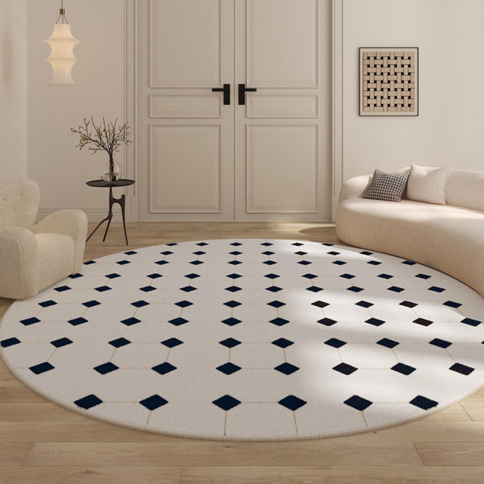Tapis rond lavable et doux motif carreaux pour salon et bureau