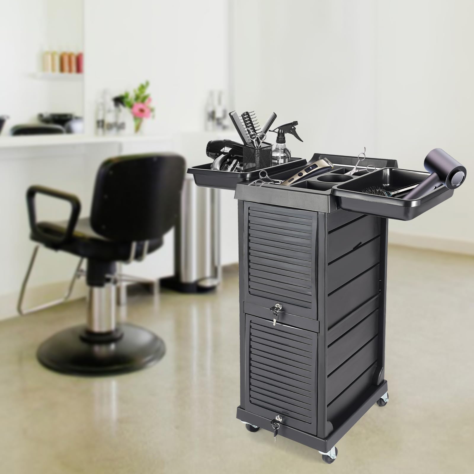Carrello a rotelle a 7 livelli per parrucchiere, carrello cosmetico con scomparti chiudibili e ruote in PVC, nero, ideale per salone, salone di bellezza e casa