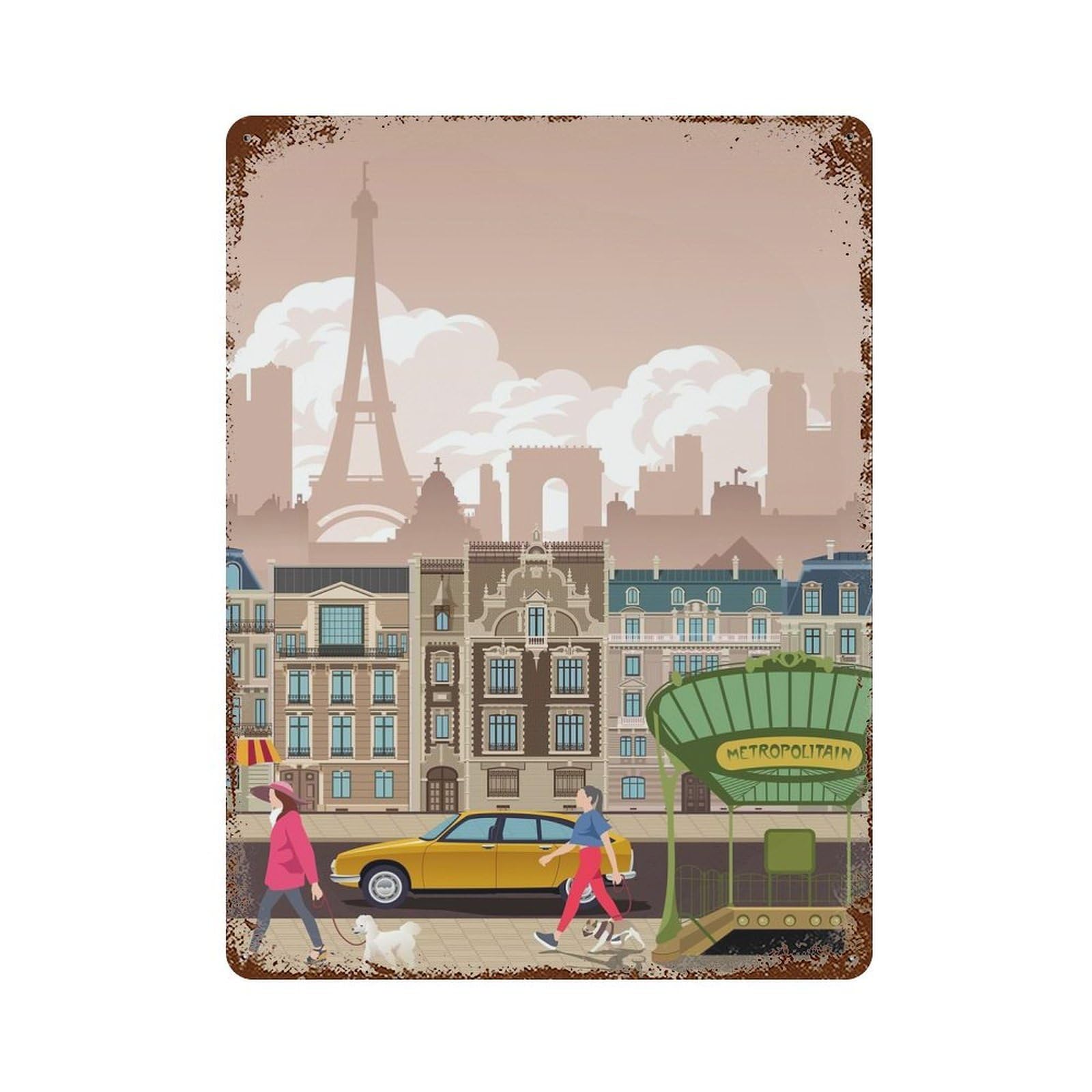 Decorative Tin Sign with Paris Travel Print Design 15.7"x11.8", for Garage, Bar And Workshop Decor, Farmhouse Wall Decor