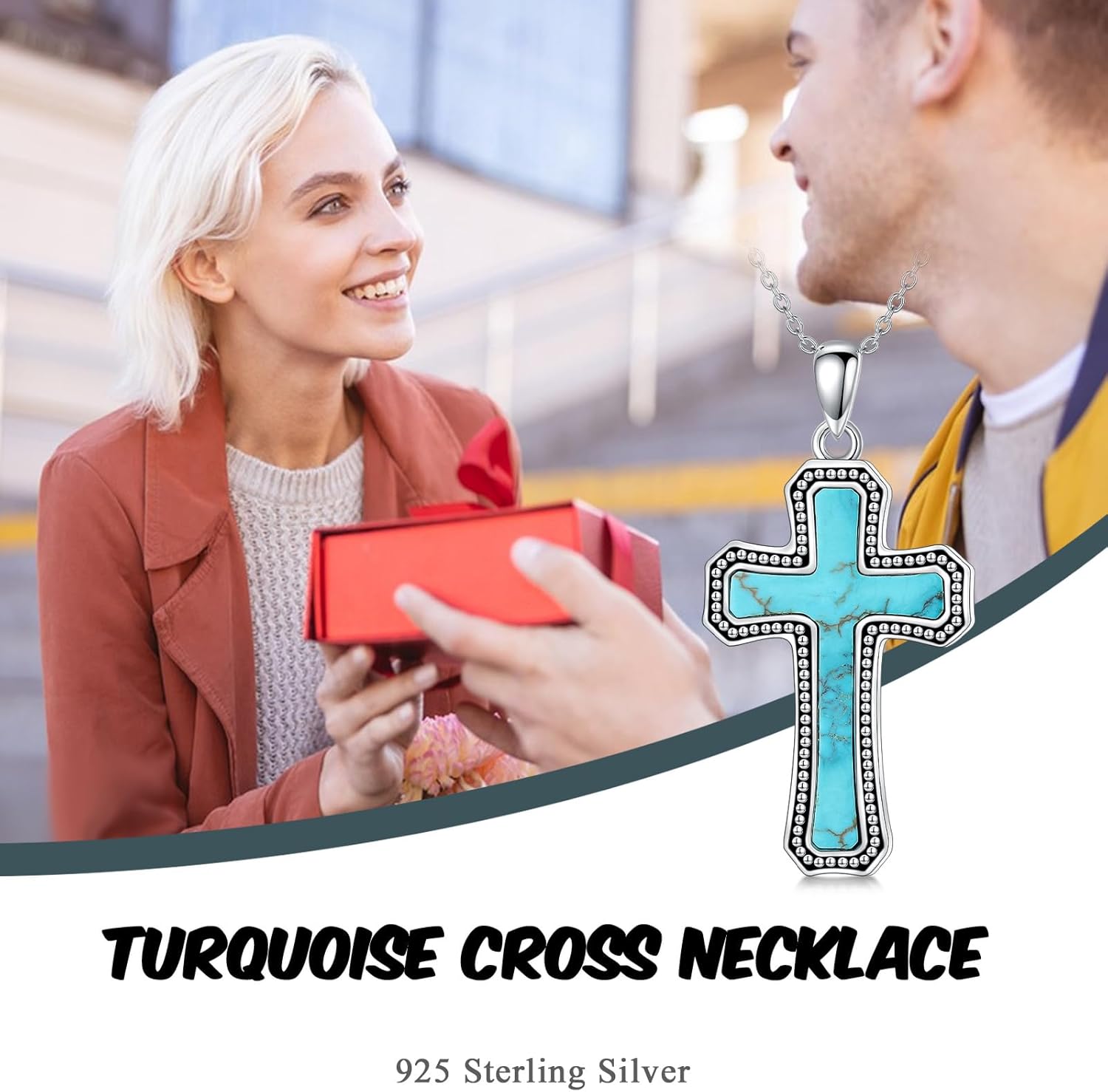 Turquoise Cross Necklace 925 Sterling Silver Turquoise Gemstone Religious Cross Pendant Southwestern Simple Jewelry for Women - Image 6