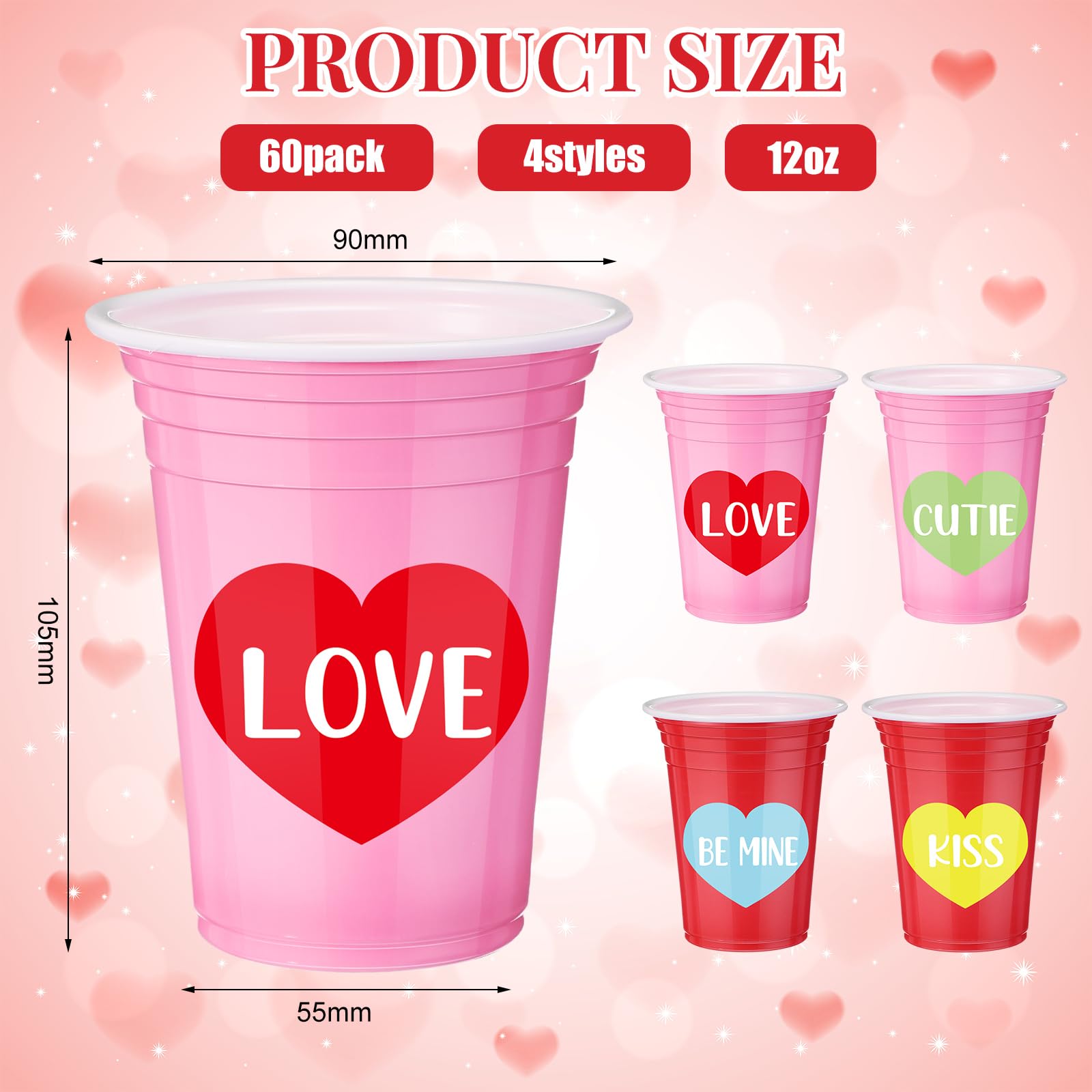 Domensi 60 Pcs 12 oz Valentine Pink Red Heart Cups Valentines Plastic Party Cups Disposable Mugs for Coffee Juice Beverage Hot Cold Drinks Holiday Party Supplies