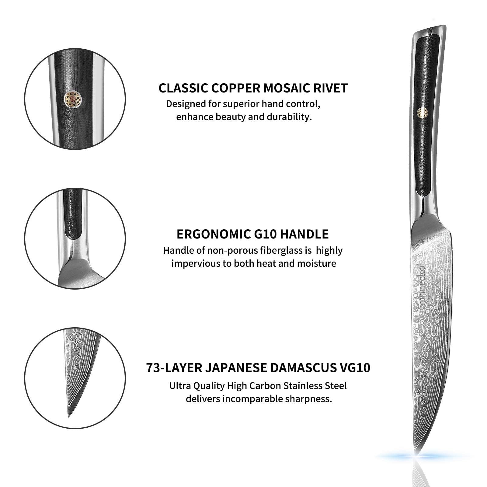 Sunnecko Couteau à Steak Japonais Professionnel 13cm, Couteau de Table en Acier Damas 73 Couches Poignée G10, Couteau de Cuisine Multifonction à Viande