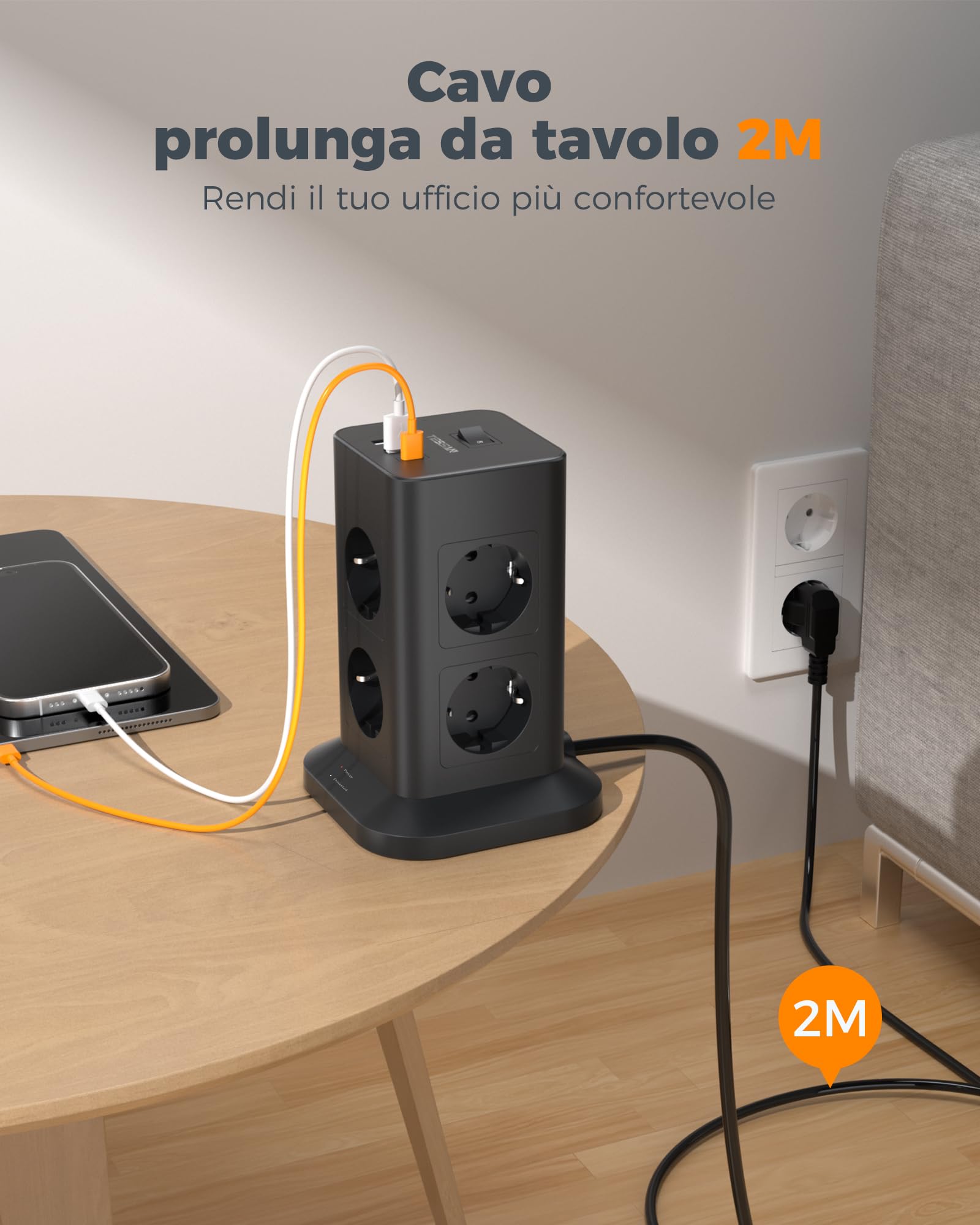 TESSAN 8 Prese Ciabatta Multipresa con USB, Ciabatta Elettrica con Cavo 2M, Torretta Multipresa con Protezione Sovratensione 1700J, Adattatore Prese Elettriche per Casa, Ufficio, Nero