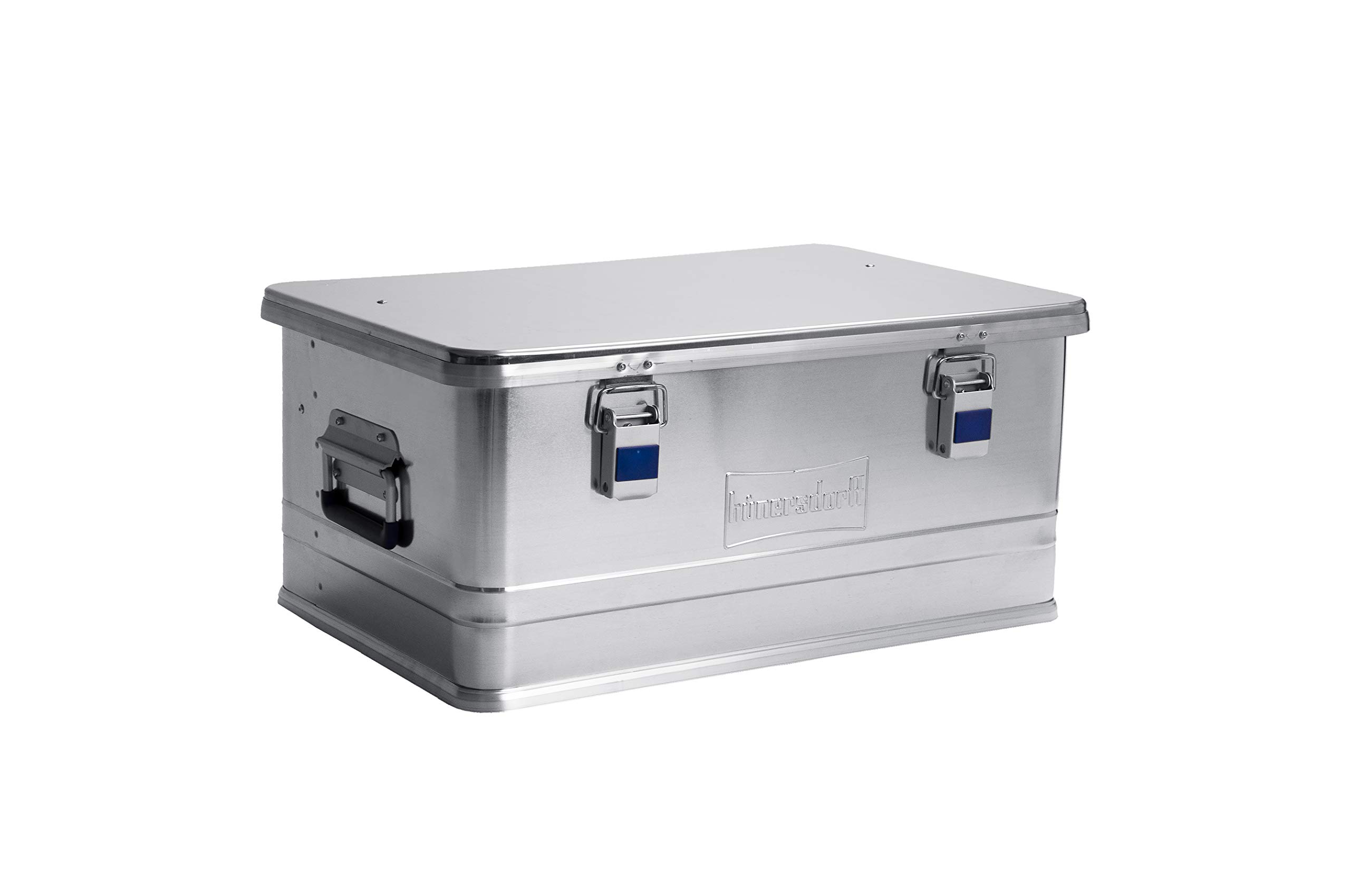 hünersdorff Aluminium-Box Profi 48 Liter, wasserdicht mit Gummi-Dichtung, leicht, stabil, Klapphandgriffe, Vorbereitung für Schlösser, Farbe: silber
