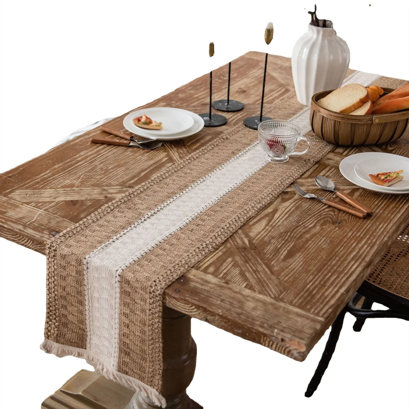 Elegancki i luksusowy Kremowy beżowy Boho bieżnik z frędzlami, ręcznie tkana bawełna i juta łączenie bieżnika, rustykalny wiejski bieżnik na czeski, stół kuchenny Prezenty świąteczne (Color : Style 8