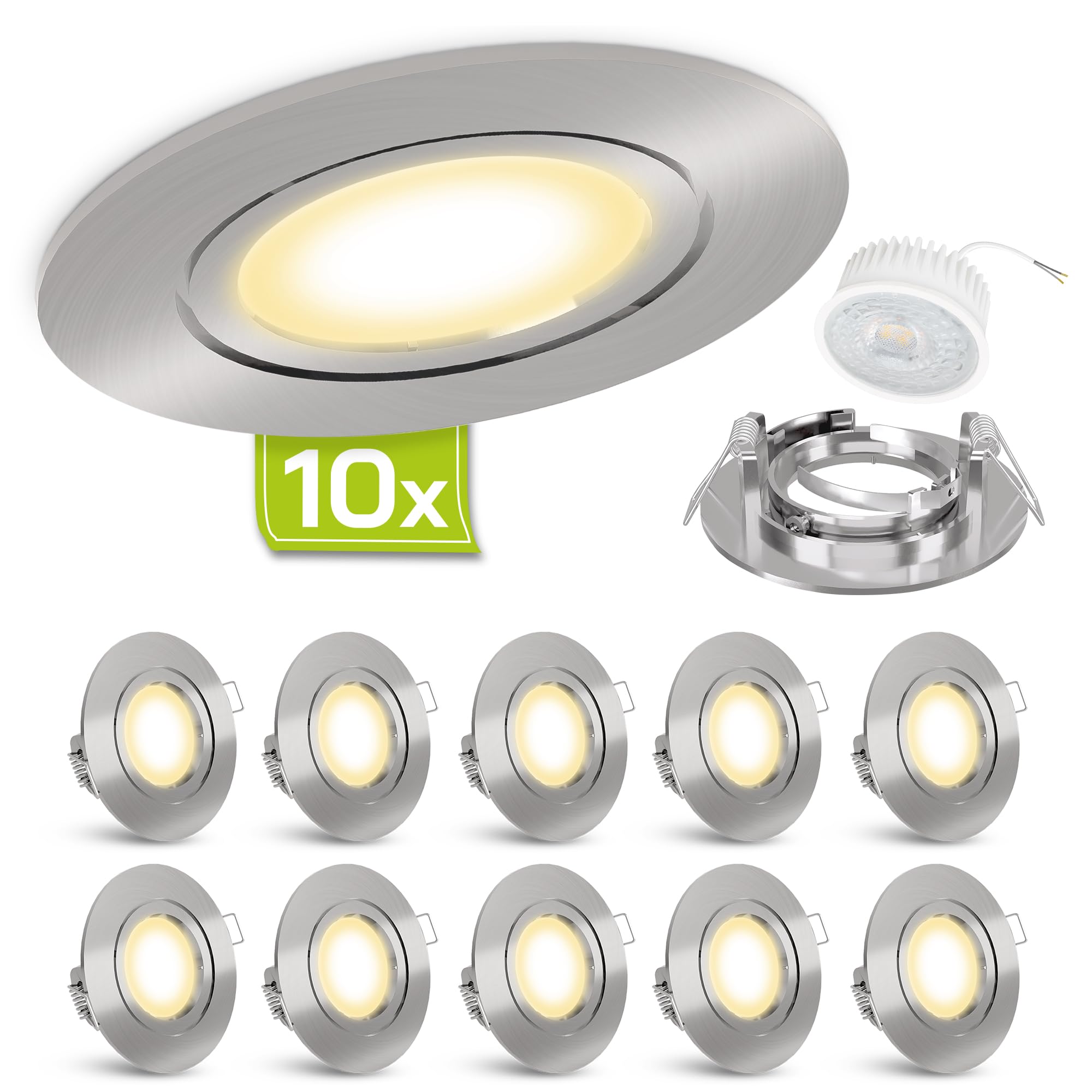linovum Einbauleuchte LED flach Set 10 Stück 230V gebürstete Optik - runde Spot Deckenleuchten inkl. LED warmweiß 4W 230V