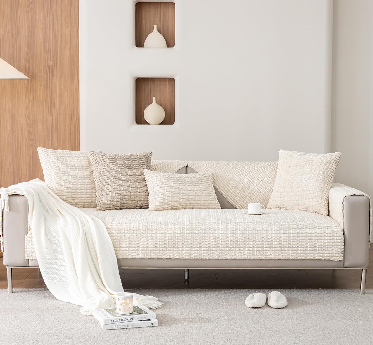 vctops Striped Corduroy Solid Couch Cover Sofa Covers Soft Cozy Sectional Couch Cover Washable Non Slip Sofa Slipcover Furniture Protector (Cream,36