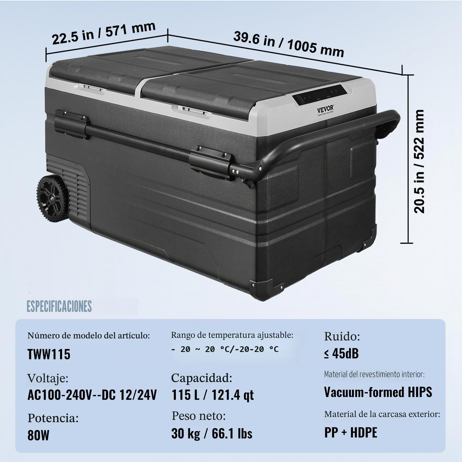 VEVOR Refrigerador para Automóvil, Congelador Portátil de Doble Zona de 115 L con Ruedas y Asa, -20~20 ℃, Refrigerador con Compresor de 1005 x 571 x 522 mm para Exteriores, Campamentos, ≤ 45 dB